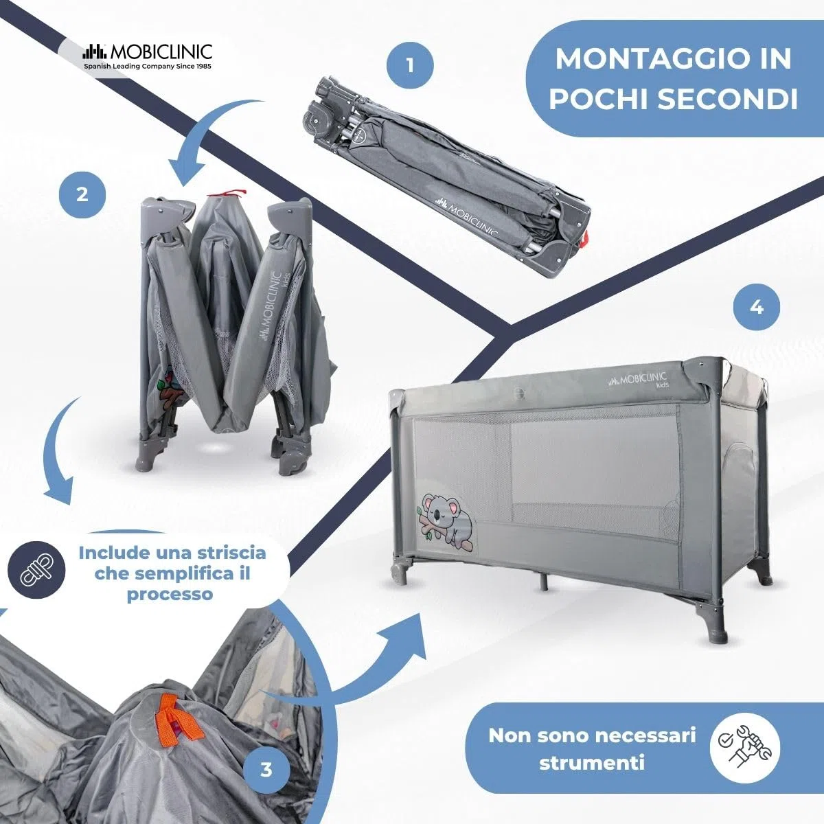 Mobiclinic®, Lettino da viaggio, Culla neonato, 2 in 1, Pieghevole ultracompatto, Materasso rimovibile, Mofli, Fino a 15 kg, Traspirante, Ingresso laterale con cerniera, Box per bambini (grigio)