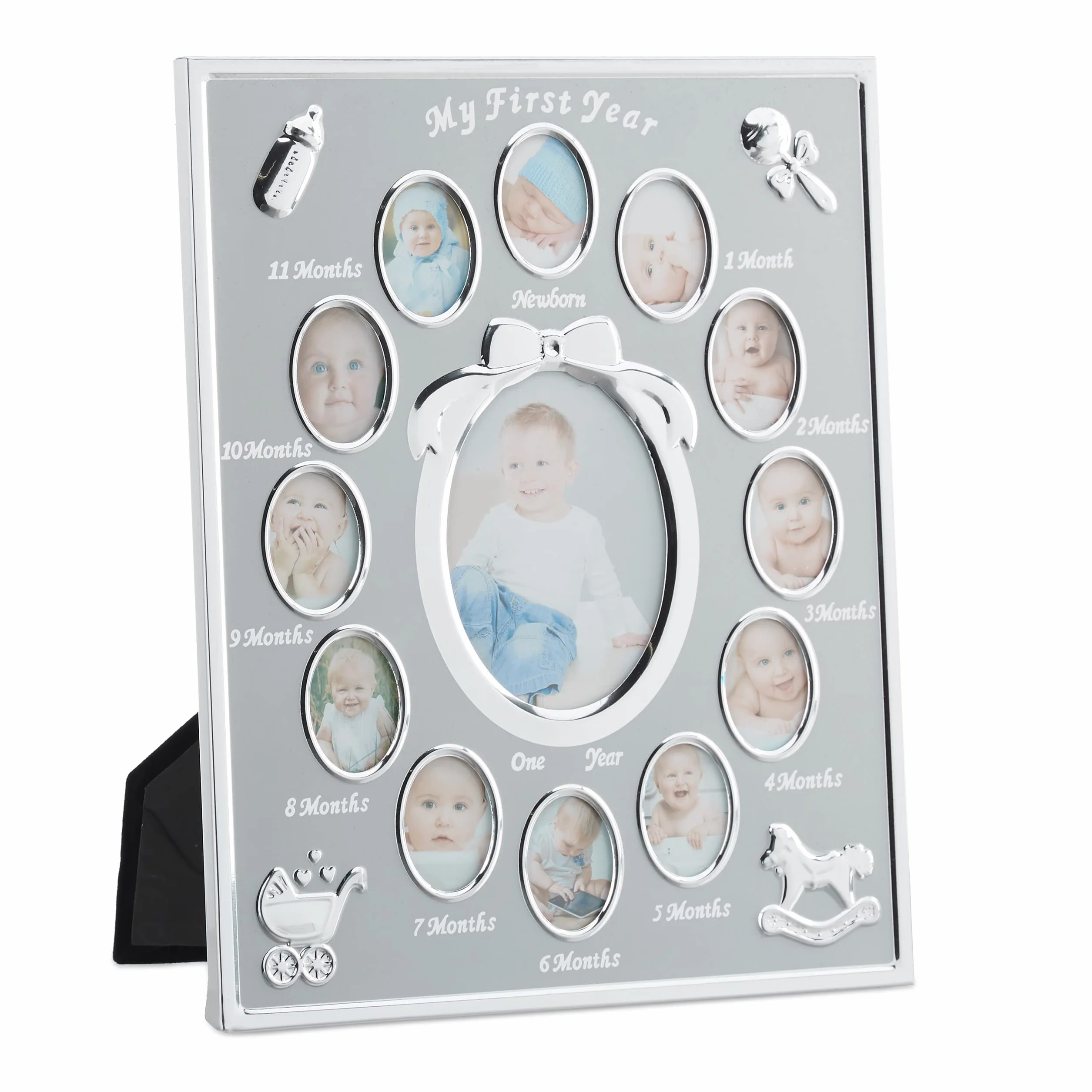 Relaxdays Cornice Portafoto Multipla per Bambini, Primo Anno, in Alluminio, da 0 a 12 Mesi, 29 x 24 cm, Collage di Foto, da Appoggio, Argento