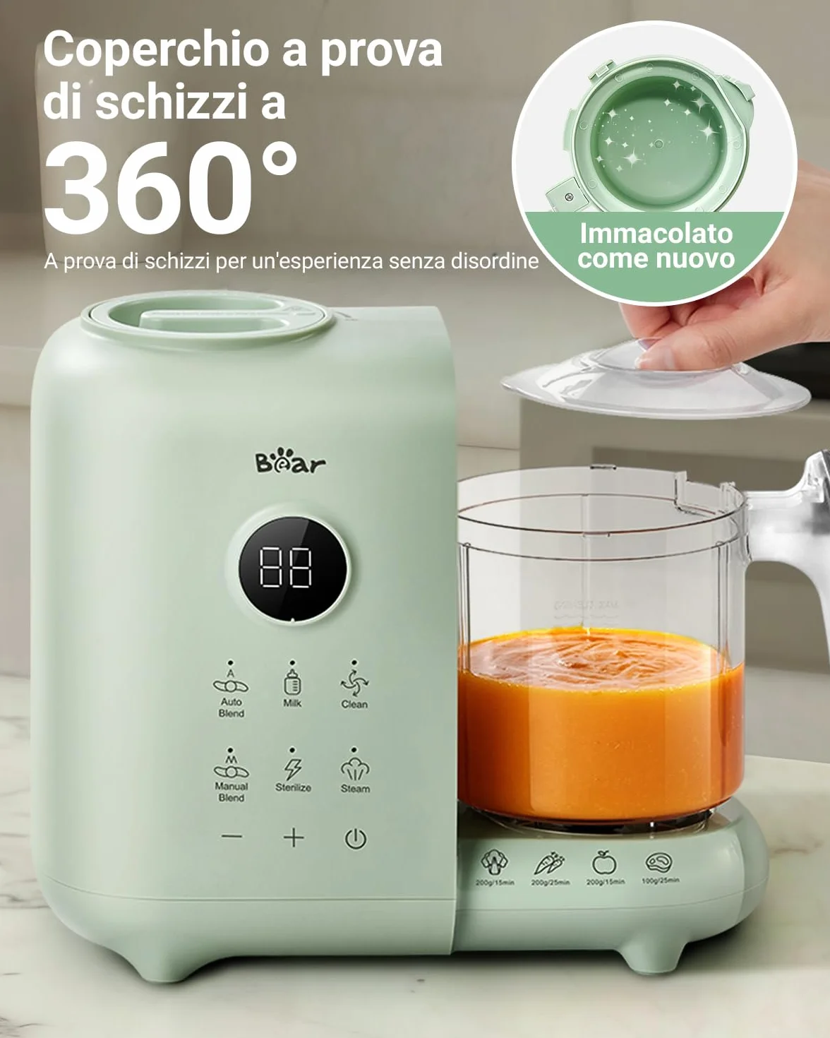 Bear Cuocipappa Mixer Multifunzione 7-in-1 per Bébé - Vapore, Mixer, Pulse, Pulizia Automatica, Sterilizzato, Riscalda, Scongela - Robot Cucina Multifunzione