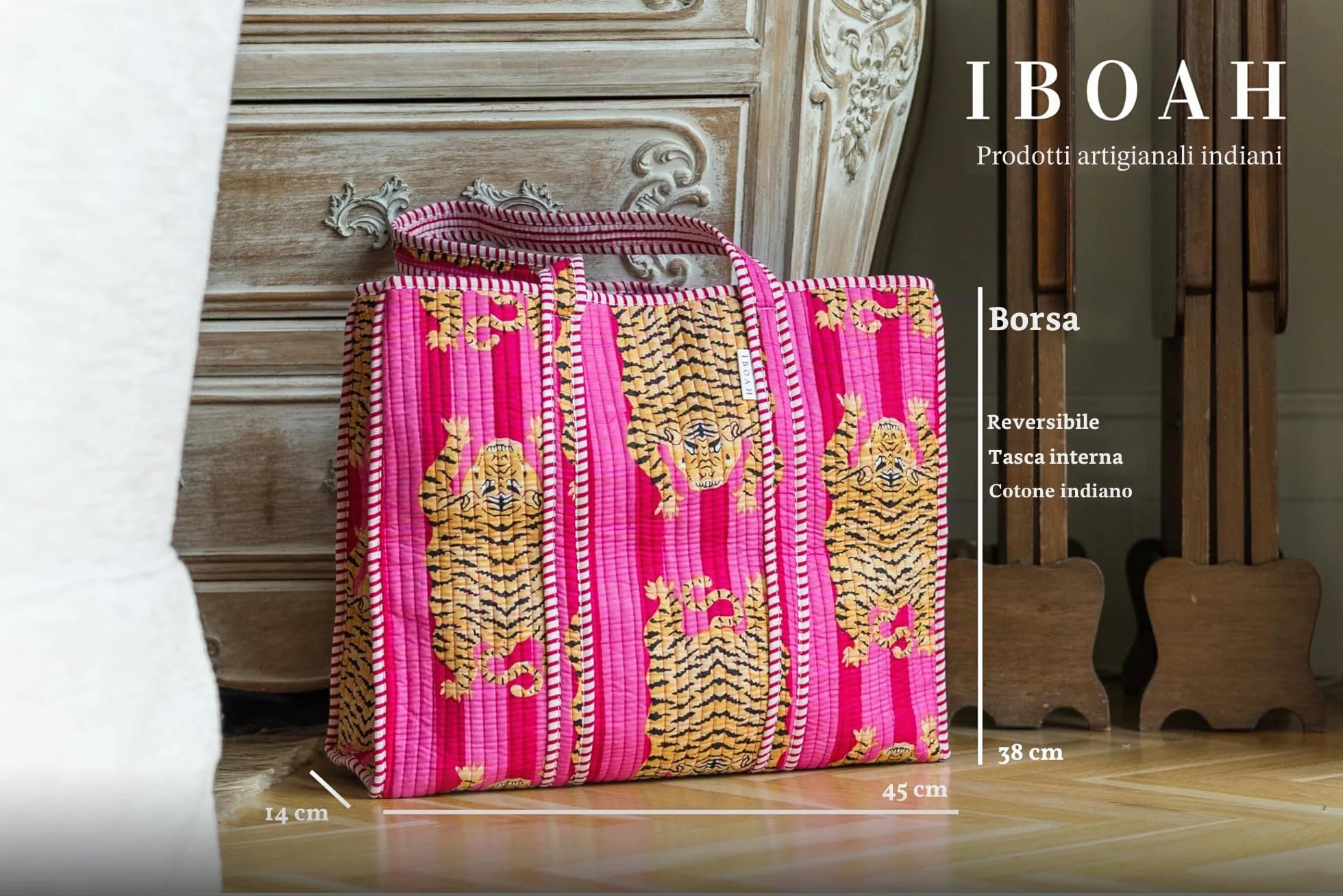 Borsa a mano grande imbottita in cotone con motivo a tigre – Tote Bag versatile per spiaggia, shopping, viaggi e uso quotidiano