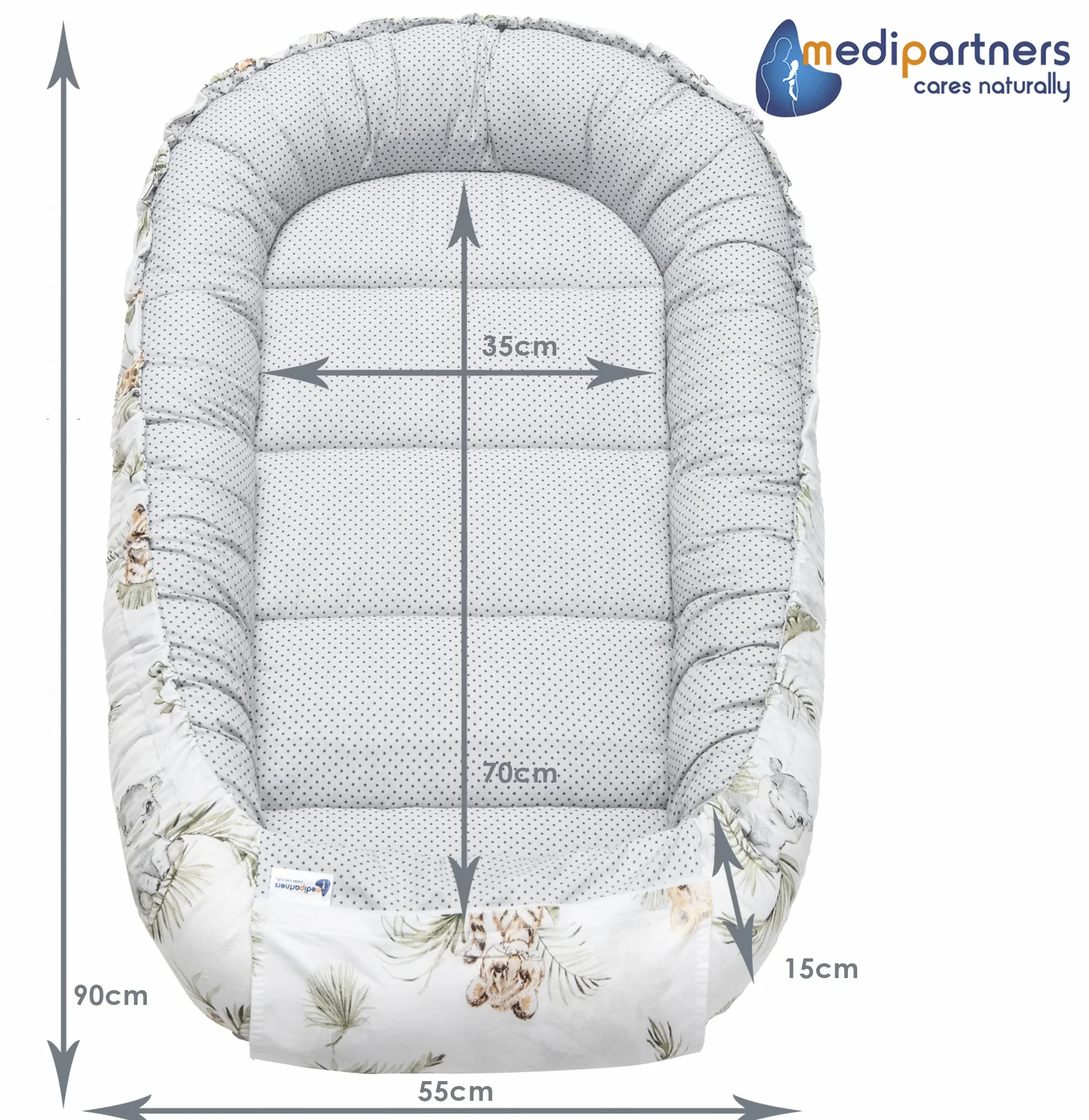 Medi Partners Riduttore Lettino Neonato 100x60x15 Nido Antisoffoco 5-Parti Bozzolo Culla Bebè Cuscino 100% Cotone Safari Minky beige