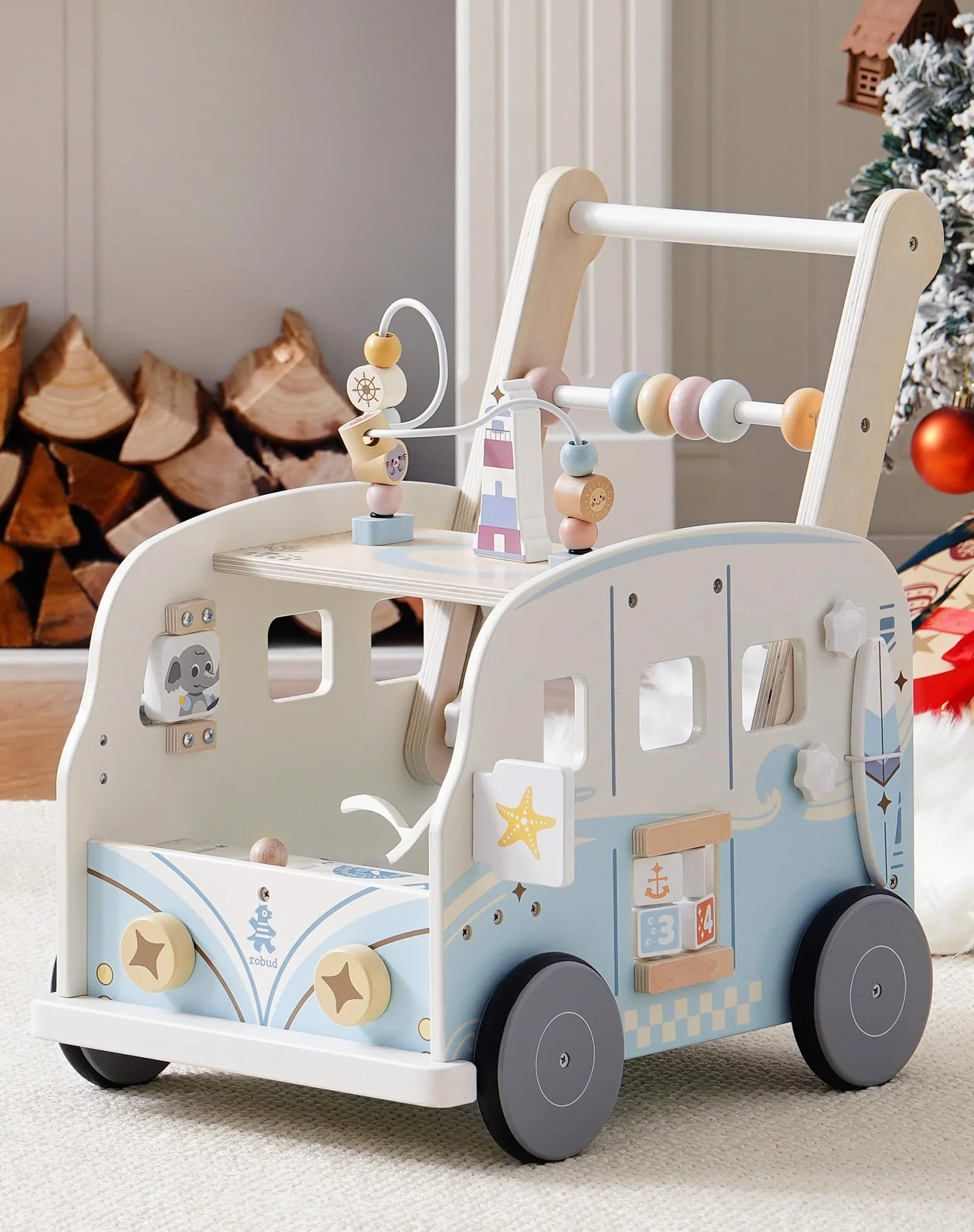 Robud Girello multifunzione in legno per bambini, con ruote e mattoncini, giocattolo primi passi con molteplici attività, da 10 mesi a 1-2 anni
