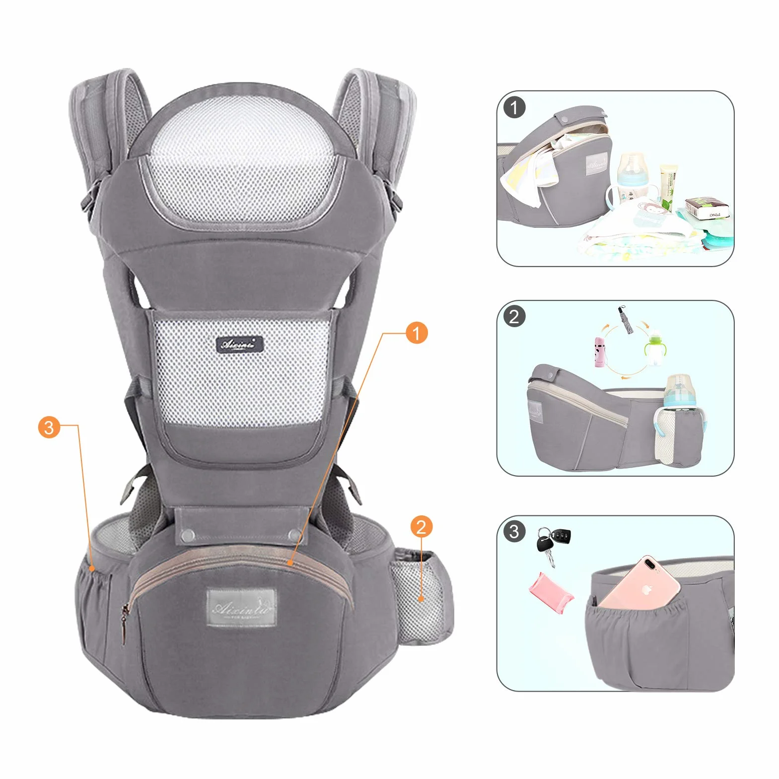 YIKANWEN Marsupio Neonato 0-36 mesi [Scopri di Più Sull'utilizzo] Marsupio Neonato Ergonomico a 25kg, Fascia Neonato con Sedile Multiposizione, Poggia Testa e Cappuccio, Cotone Traspirante, Grigio