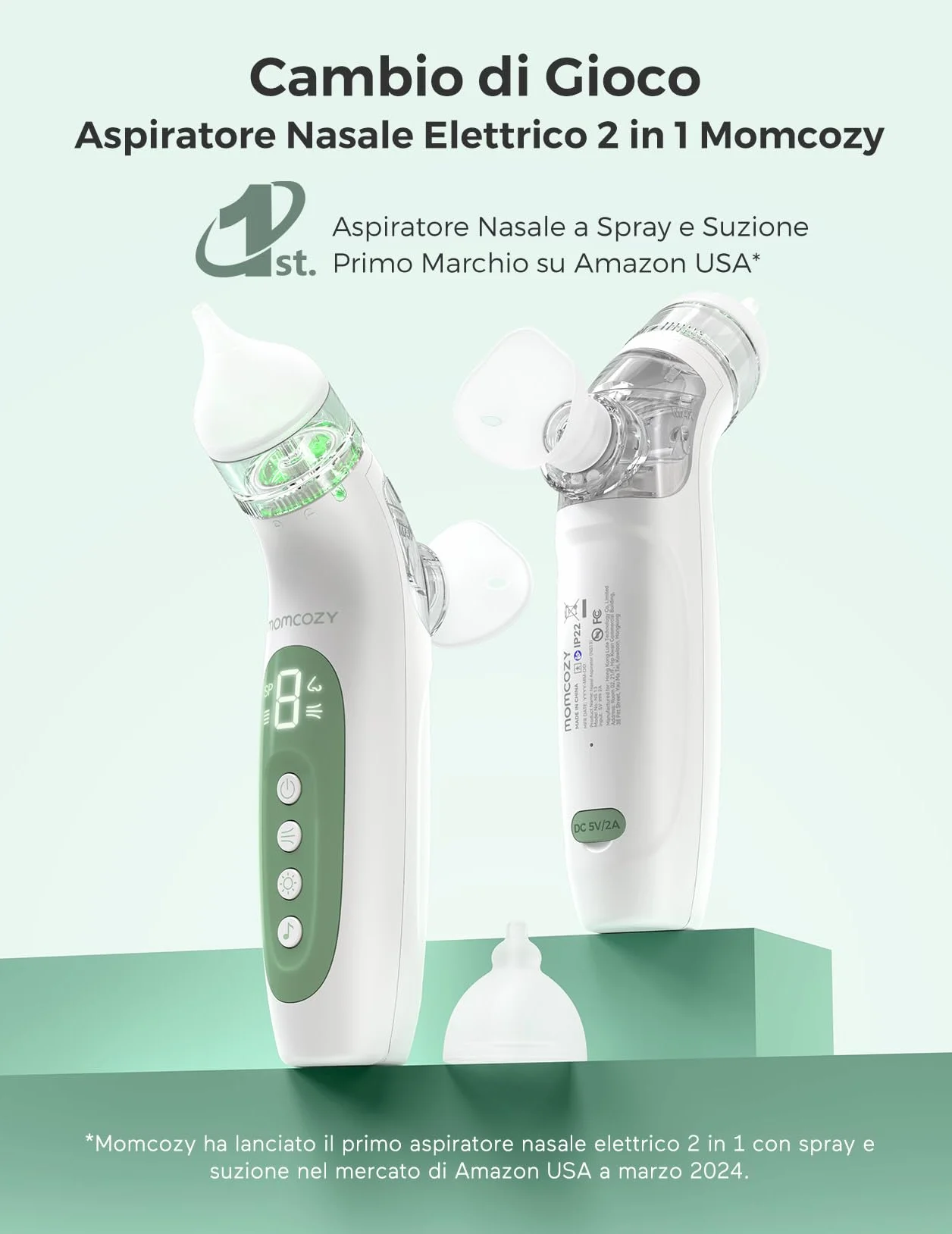 Momcozy Aspiratore Nasale Neonato Elettrico 2 in 1 con Spray, Aspirazione fino a 65 kPa, 4 Livelli Regolabili, Pulisci Naso Silenzioso e Portatile con Luce e Musica