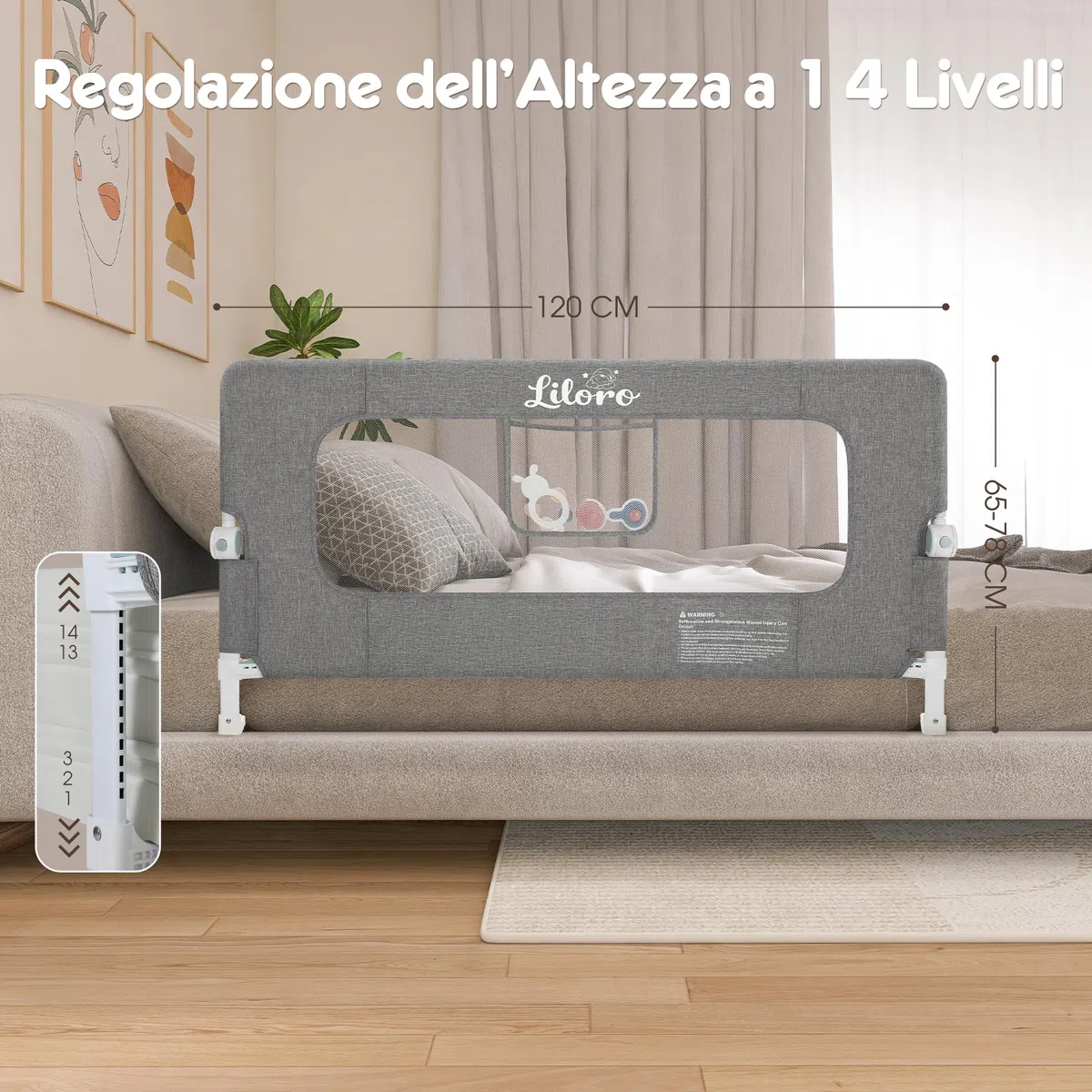 Sponda Letto Bambini 120 cm senza Forare Sponda di Sicurezza Pieghevole per Letto con Struttura Rinforzata e Design Anti Urto per Letto Singolo Matrimoniale King Size Grigio
