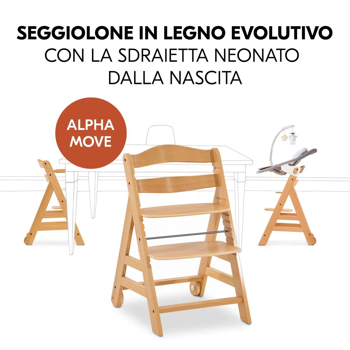 hauck Alpha Move Set Deluxe - Seggiolone in Legno Evolutivo Da 0 Mesi - Sedia Bambini Regolabile con Sdraietta Neonato Reclinabile, Cuscino e Vassoio - Naturale, Grigio