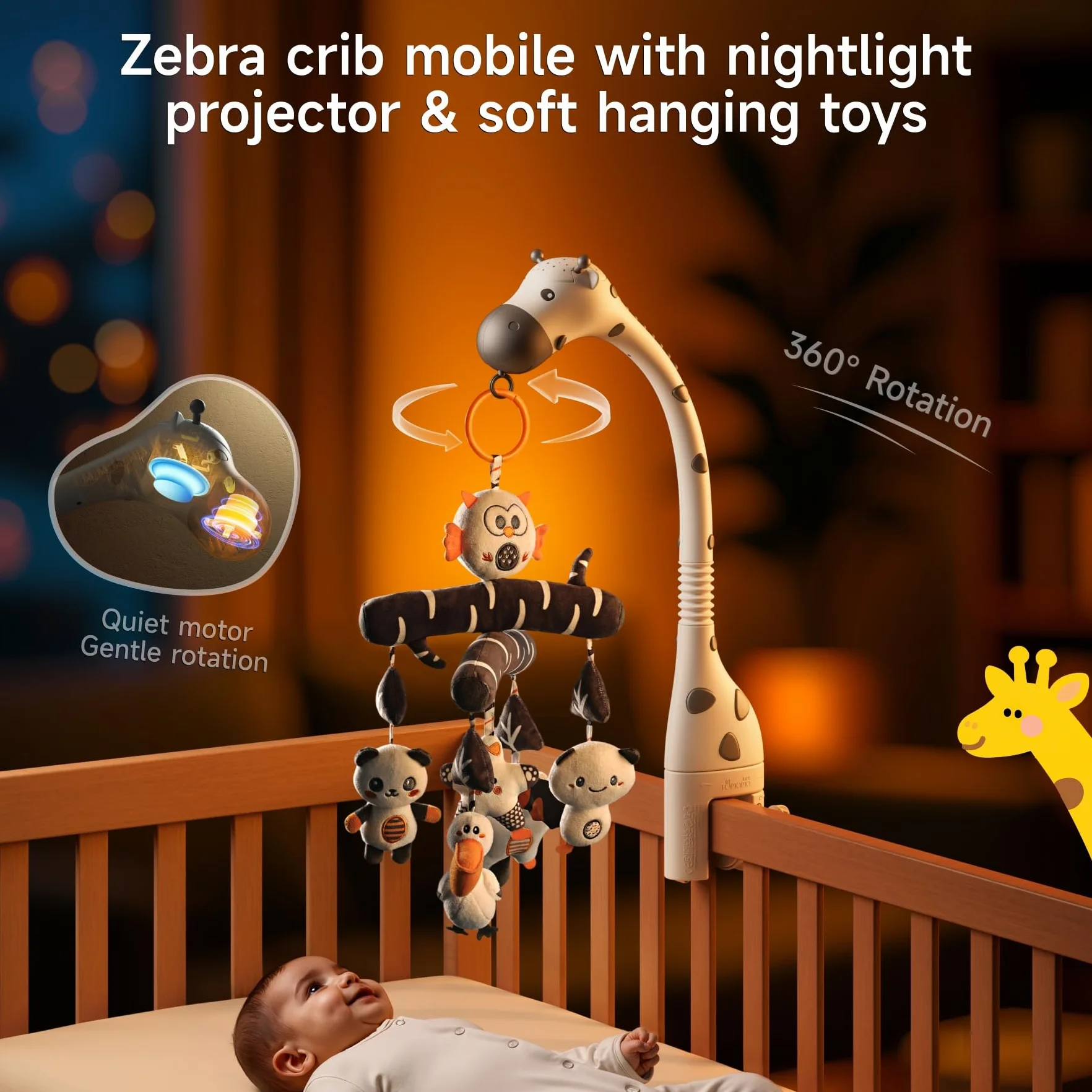 TUMAMA Giocattolo mobile per culla 0-3 mesi alto contrasto luce notturna proiettore musica rumore bianco peluche appendere