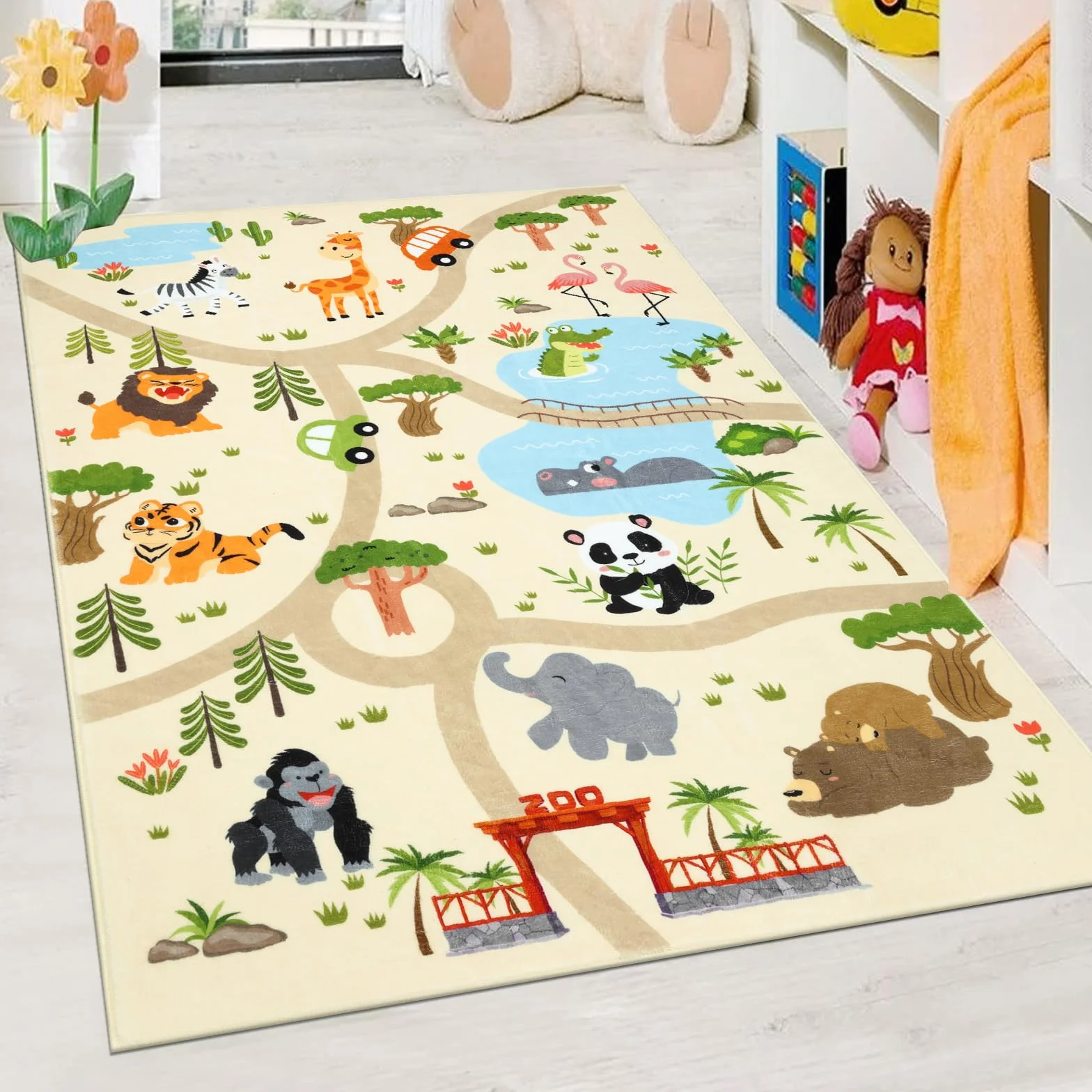 Enyhom Tappeto Bambini Morbido, 100 x 150 cm Antiscivolo Tappeto Cameretta Bambino Lavabile Tappeto per Bambini Auto Motivo Animali Tappeti Bambini per Stanza dei Giochi, Camera Bebe, Stanza Bambini