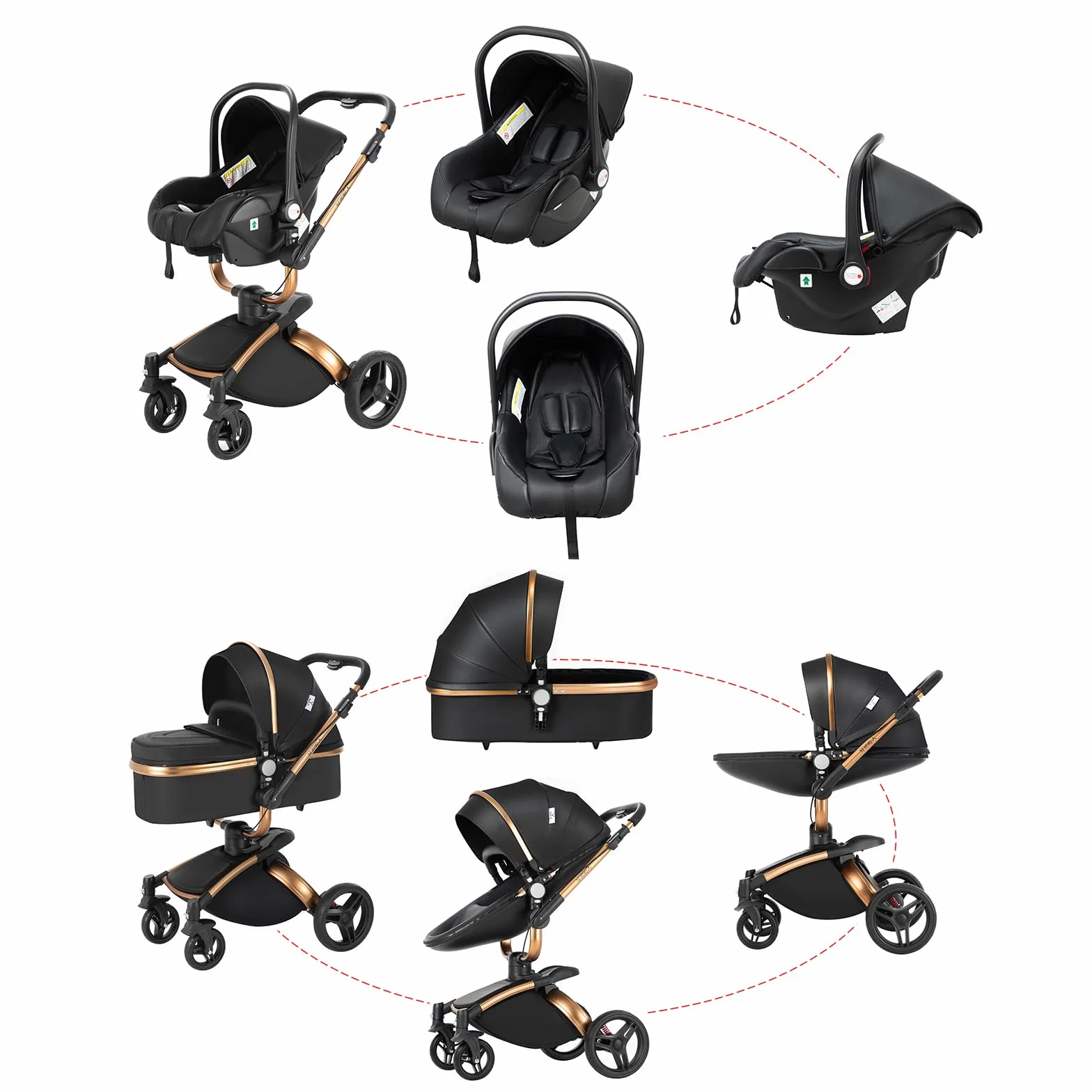 Passeggino Trio 3 in 1 360° Rotazione Pelle PU con Telaio Alluminio (906 Black)