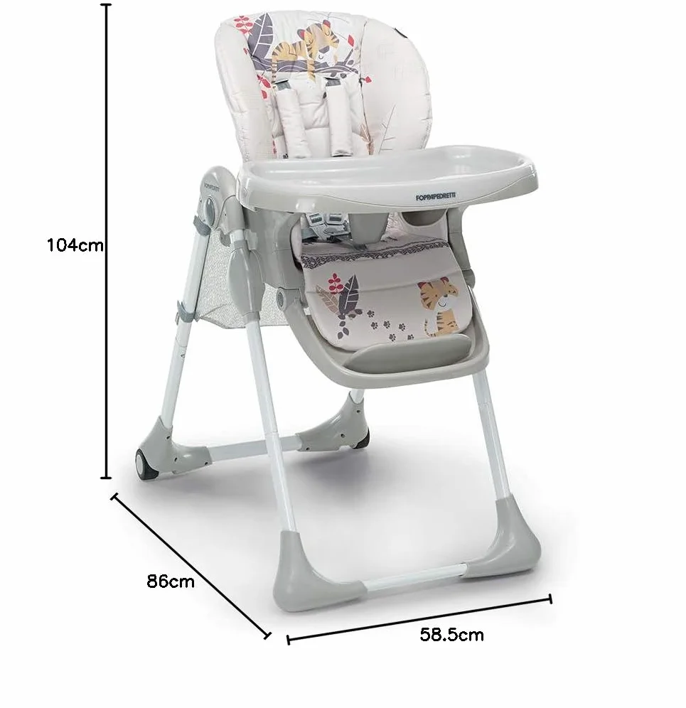 Foppapedretti Seggiolone Meeting Baby Tiger, 6 mesi-3 anni 15 kg, Seduta Poggiapiedi Schienale Regolabili, Cesto Porta Oggetti, Imbottitura Lavabile