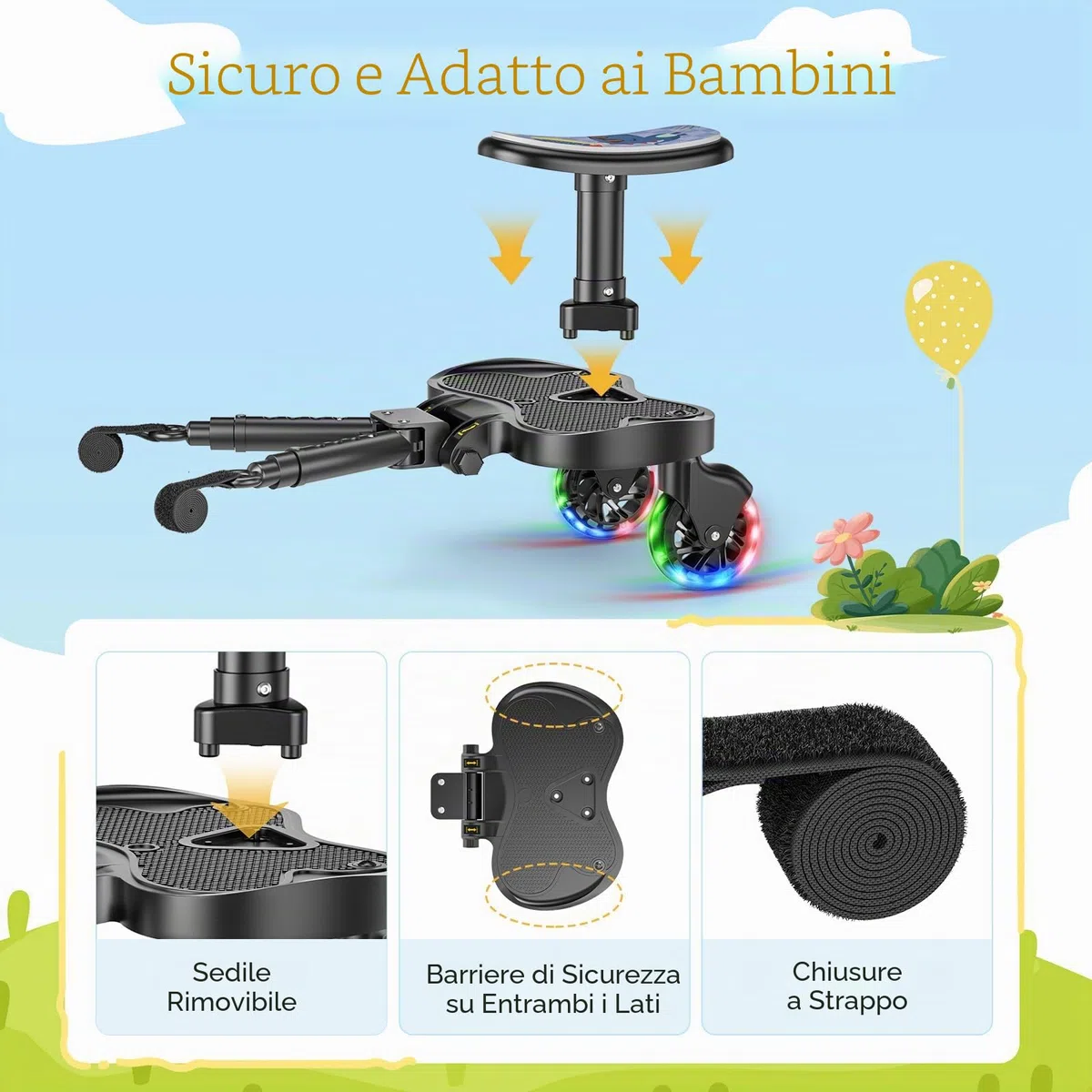 Passeggino con ruote a LED, pedana per passeggino, per bambini da 2 a 6 anni (25 kg), compatibile con il 99% di tutti i passeggini