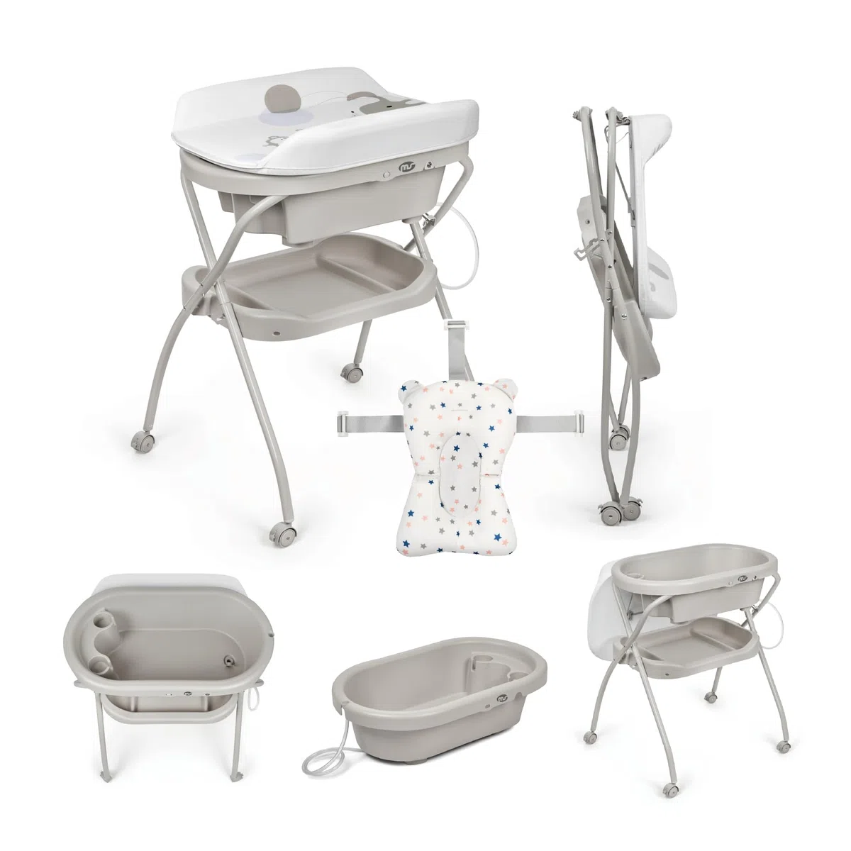 MS BabyWorld – BUBBLE + CUSCINO RIDUTTORE – Vaschetta Bagnetto Ergonomica con Supporto | Fasciatoio Impermeabile Imbottito | Chiusura Compatta | Organizzatore | 4 Ruote con Freni