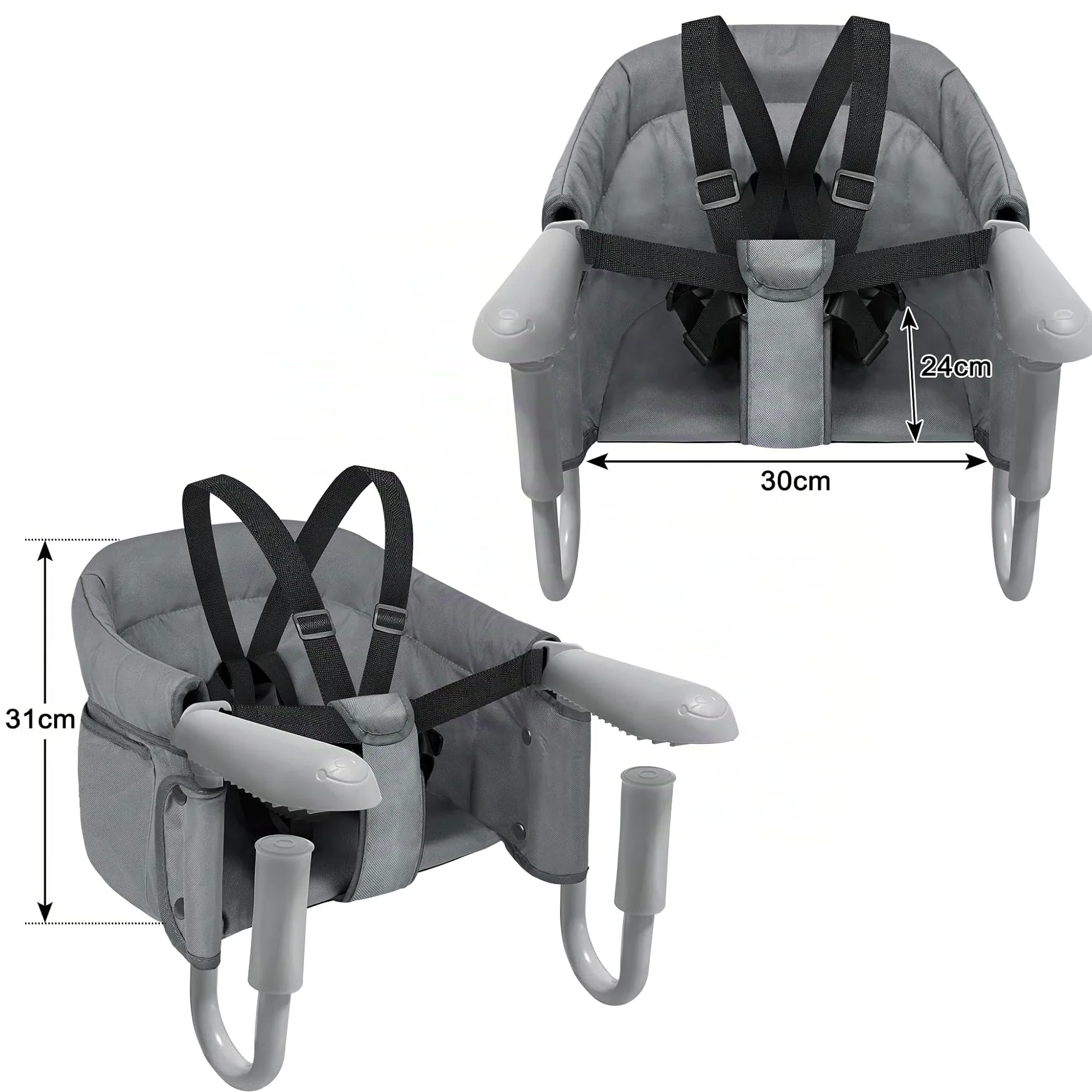 Aufun seggiolino da tavolo pieghevole per bambini, seggiolino con morsetti antiscivolo, schienale ergonomico, cintura di sicurezza, seggiolone da viaggio per bambini a casa e in viaggio (grigio)