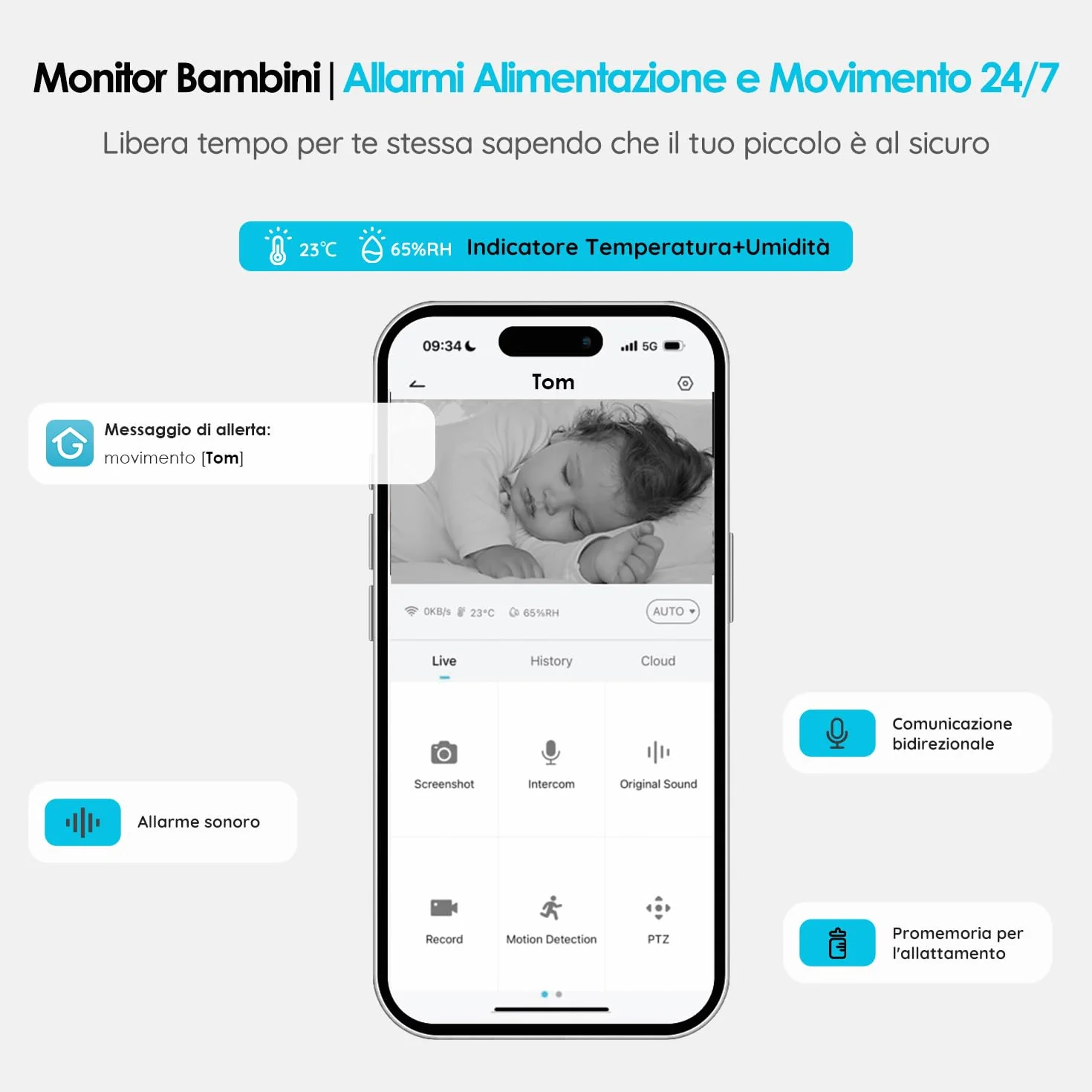 ieGeek Baby Monitor 1080P 5 Pollici Zoom 4x Rilevamento Movimento Suono Allarme Area Sicurezza Temperatura Umidità