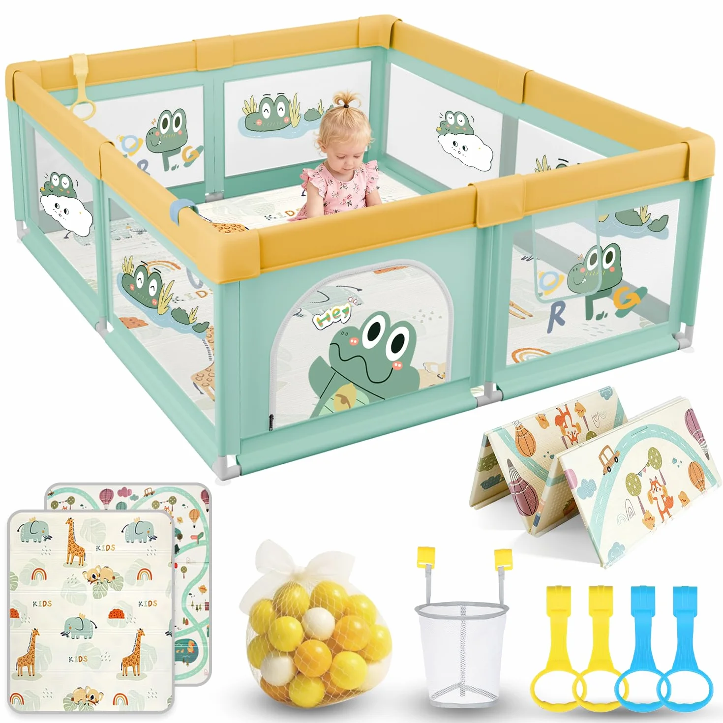 Box Bambini 180x200 con Tappeto, Recinto per Bambini con 360° Rete Traspirante, Tessuto Oxford, Laterali con Zip, Antiscivolo Robusta Centro Attività, 60 Palline, 4 Maniglie, Coccodrillo verde