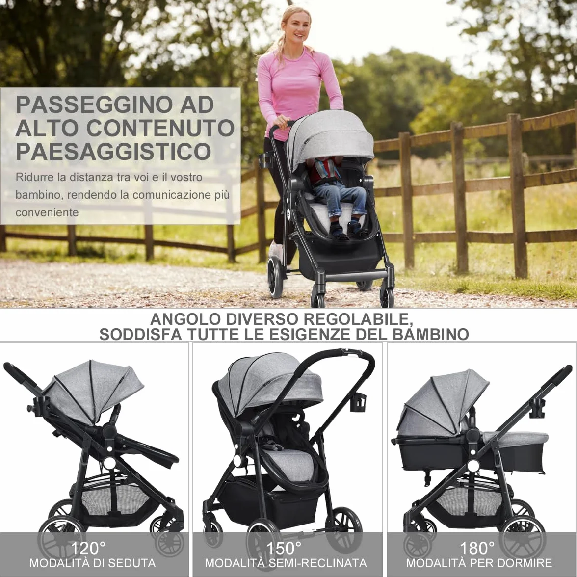 COSTWAY Passeggino 2 in 1 Pieghevole con Sedile Reversibile, Schienale Regolabile, per Bambini 0-3 Anni (Grigio)