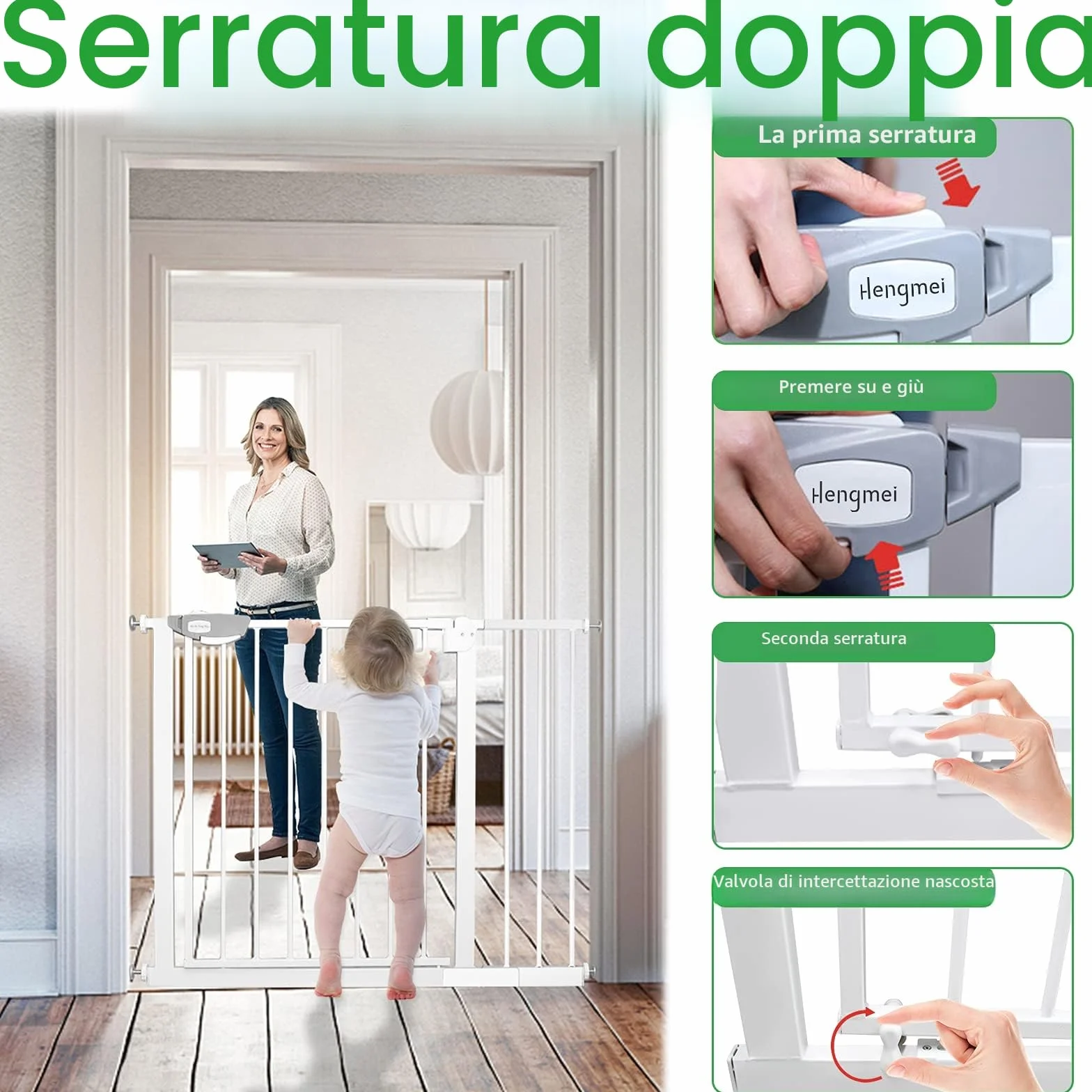 Cancelletto di protezione per porte in metallo, largo 105-115 cm, chiusura automatica, bianco