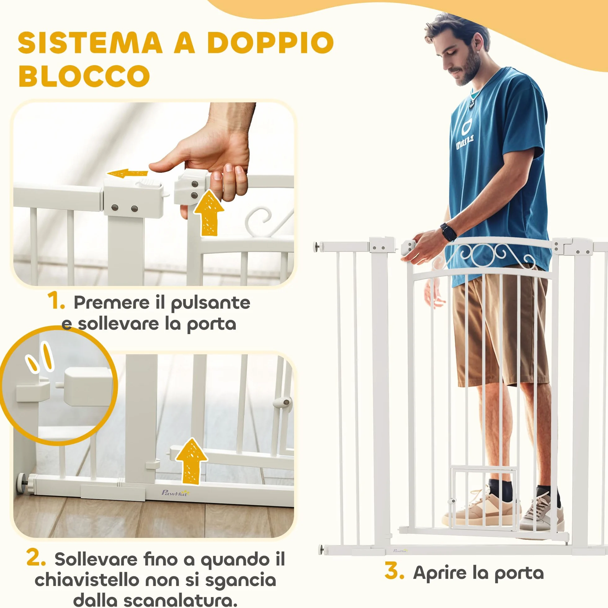 PawHut Cancelletto di Sicurezza per Cani da Interno 76-104 cm con Porta per Gatti, Alto 106 cm, Bianco
