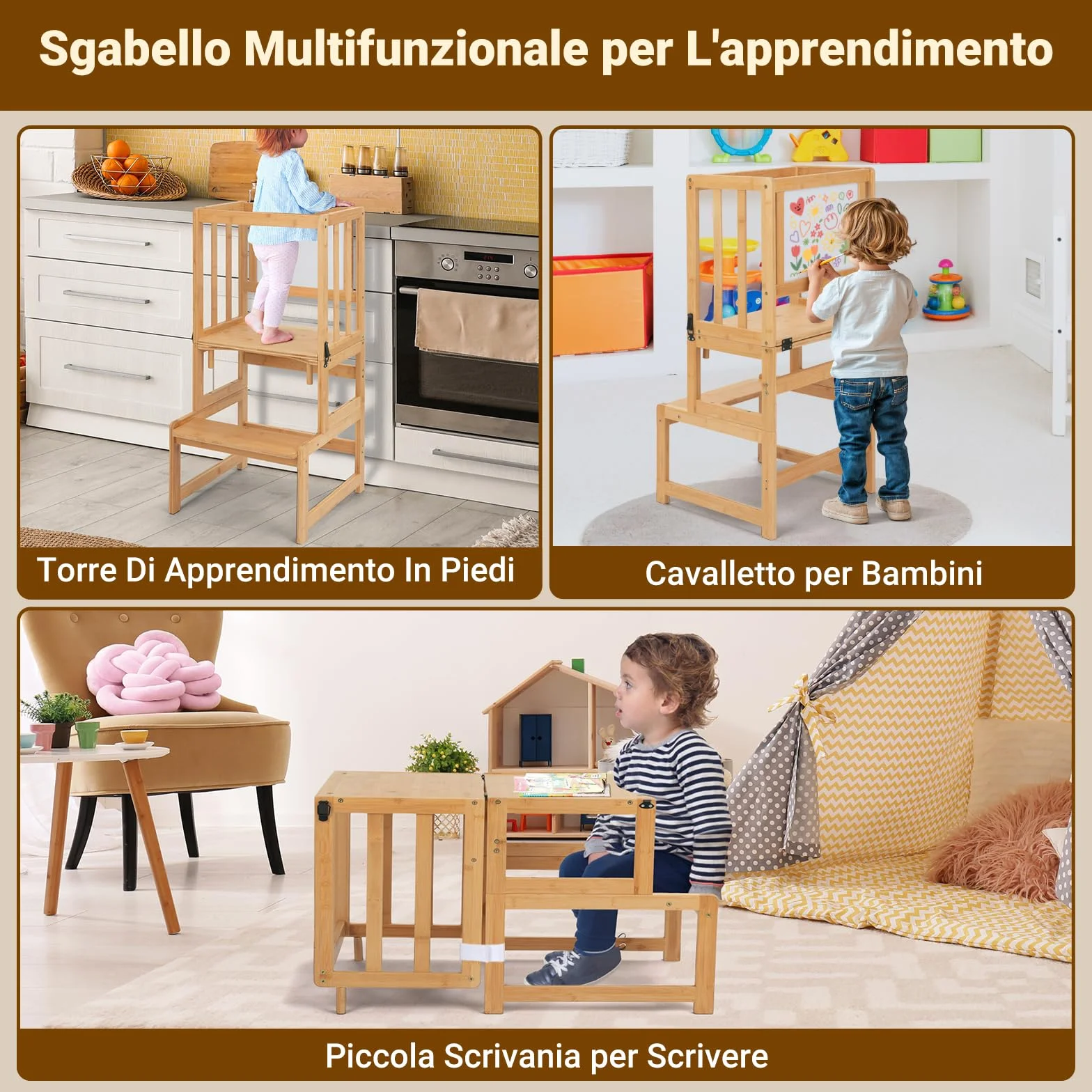 COSYLAND Torre Montessoriana Bambini 3 in 1 con Lavagna Bianca Naturale Classico