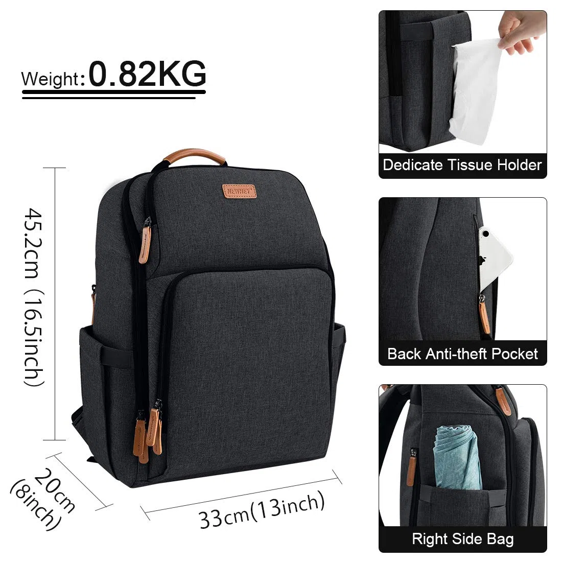 NEWHEY Zaino per pannolini per bambini, impermeabile, grande capacità, borsa da viaggio, multifunzione, zaino con 2 cinghie per passeggino per mamma papà