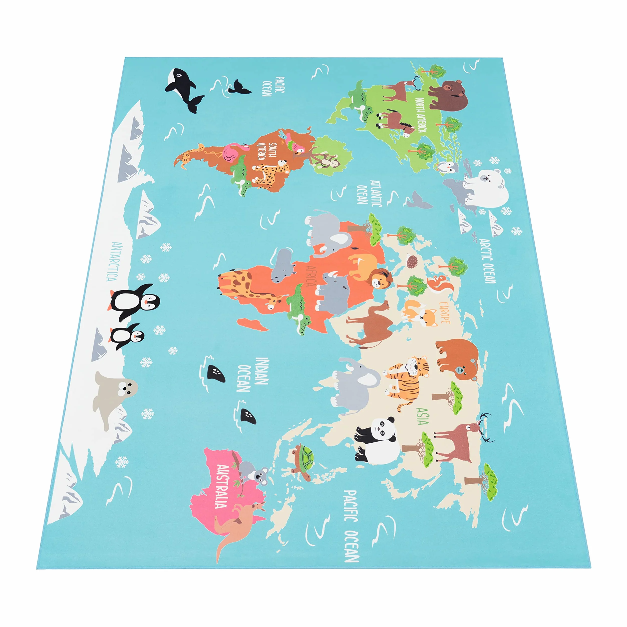 Paco Home Tappeto per bambini, Tappeto da gioco per le camere dei bambini, Mappa del mondo con animali, In verde, Dimensione:100x200 cm