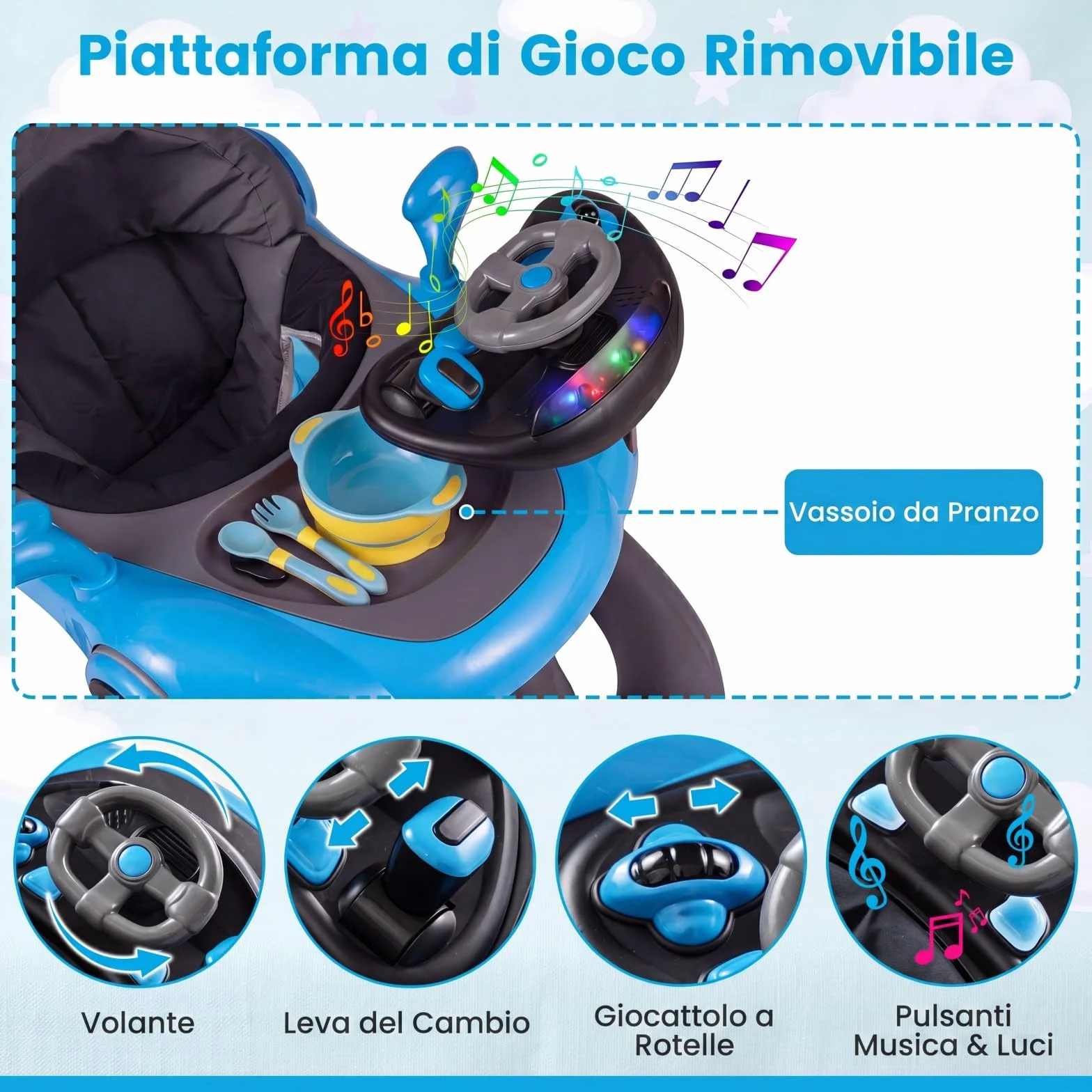 COSTWAY Girello per Bambini 6-in-1 Evolutivo, Centro Attività Pieghevole con Maniglia, Regolazione Altezza/Velocità, con Musica, Luci Tenda, per Neonati 6-18 Mesi (Nero+Blu)