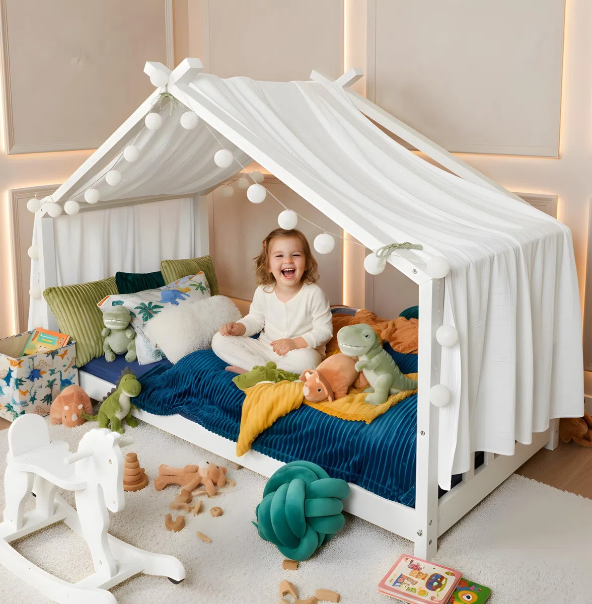 ALAVYA HOME® Velo da letto a forma di casa Moon 110x360 cm in mussola di cotone 100% – Decorazione per camera dei bambini, zanzariera, tenda da letto, decorazione per ragazze e ragazzi – Bianco