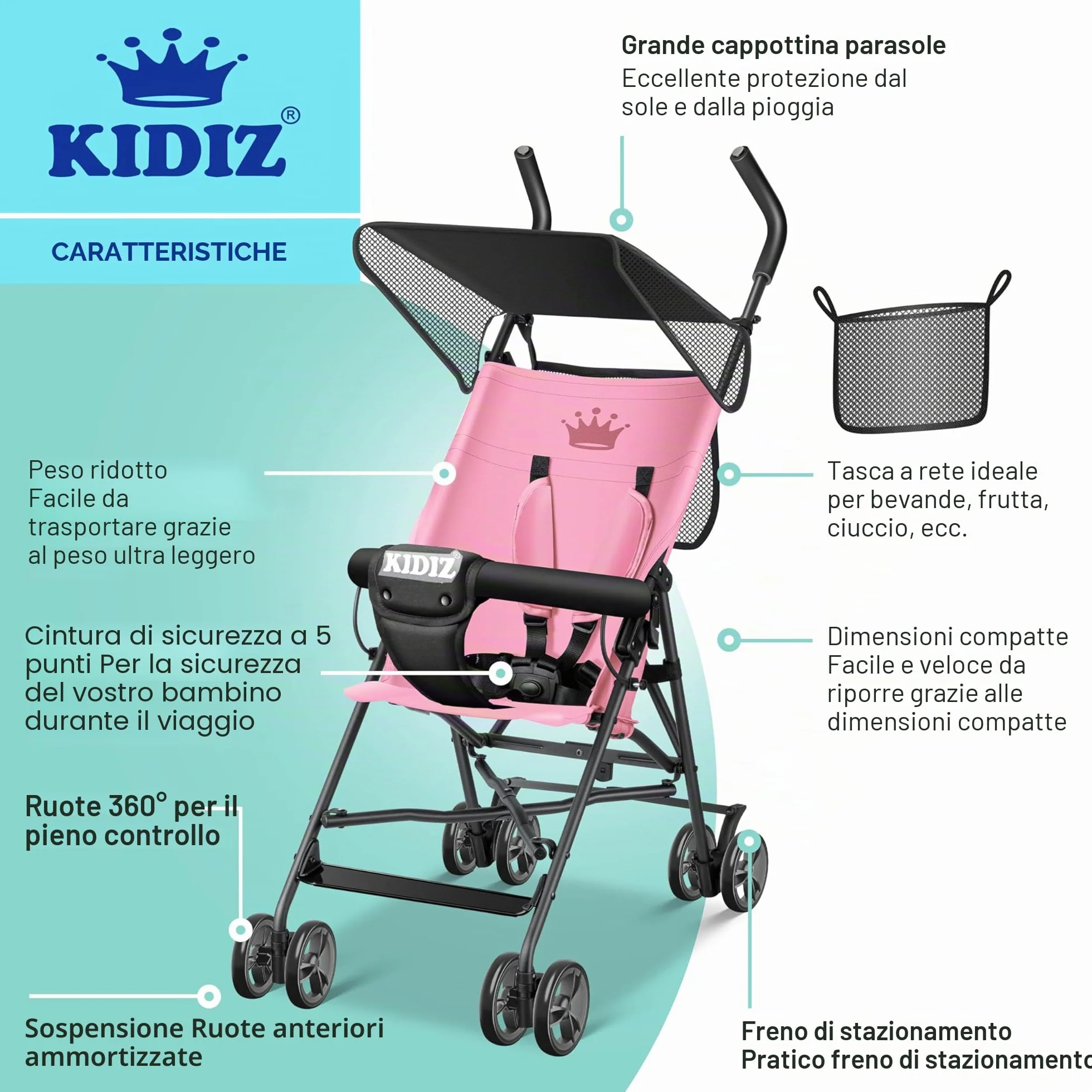 KIDIZ® Passeggino CITY Pieghevole per Bambini con Ruote 4 Pollici e Parasole