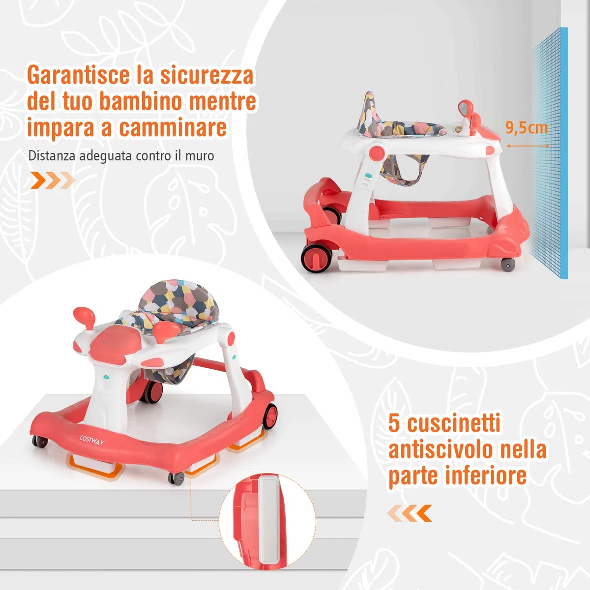 COSTWAY Girello per bambini 2 in 1, Girello con Altezza e Velocità Regolabili, Carillon con Luci e Cuscino Comodo, Primi Passi per Bambini 6-18 Mesi, Capacità di carico: 15 kg (Arancia)