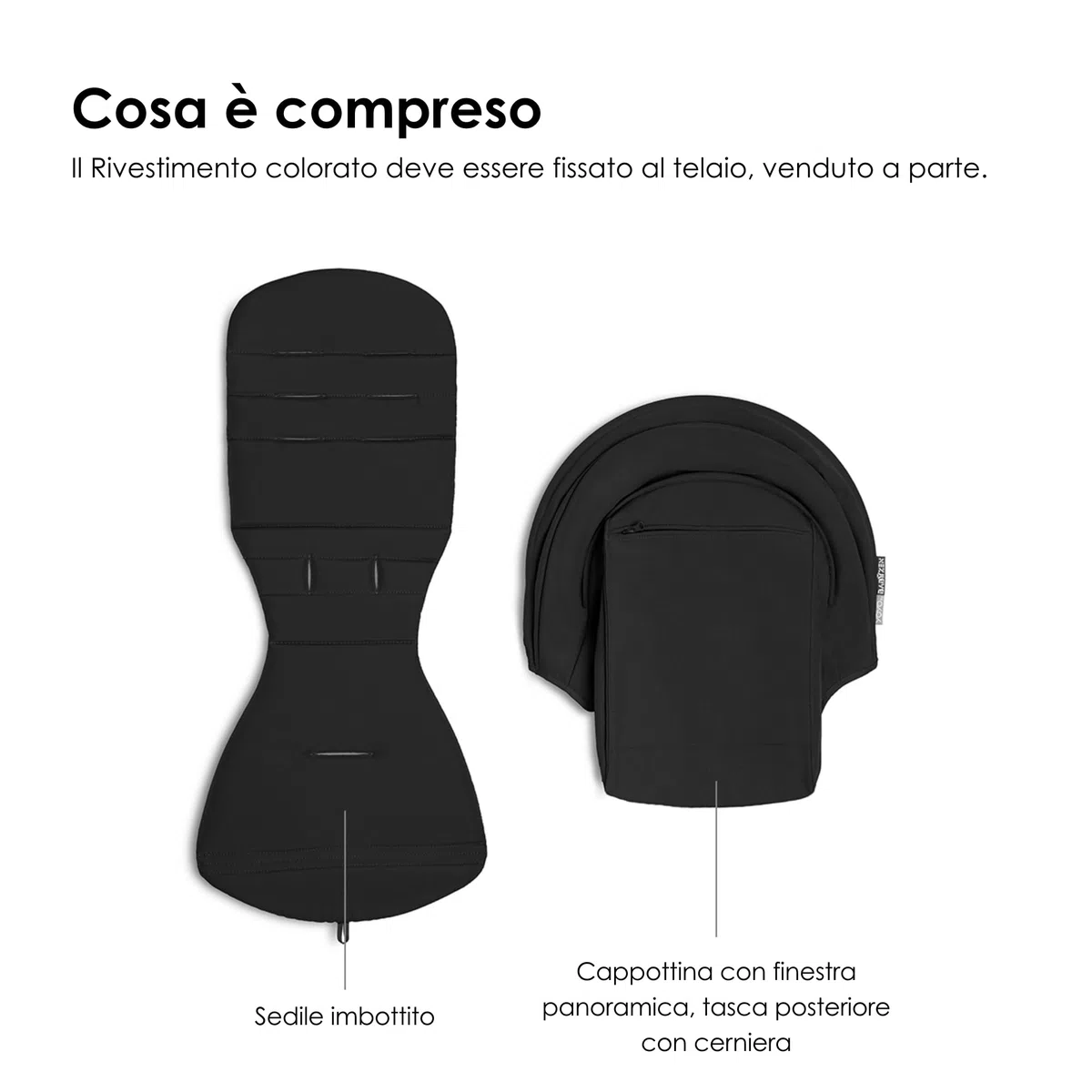 Rivestimento colorato 6+ BABYZEN YOYO Nero - Solo tessuti: Cuscino, Cappottina abbinata e tasca posteriore con cerniera - Richiede il telaio YOYO2 (Venduto a parte)