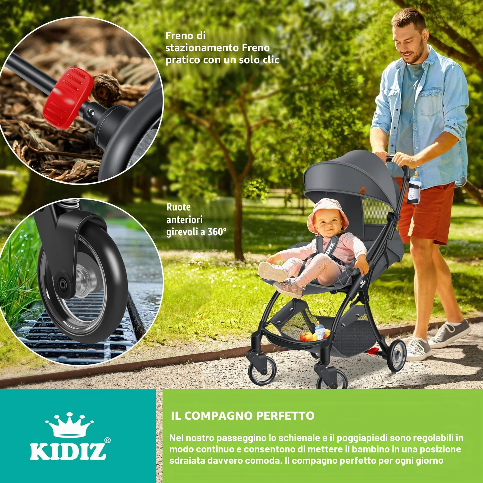 KIDIZ® Premium Passeggino Pieghevole con Ruote 360°, Imbracatura 5 Punti, Portabibite, Parapioggia, Schienale Regolabile, Capottina Parasole, Antracite