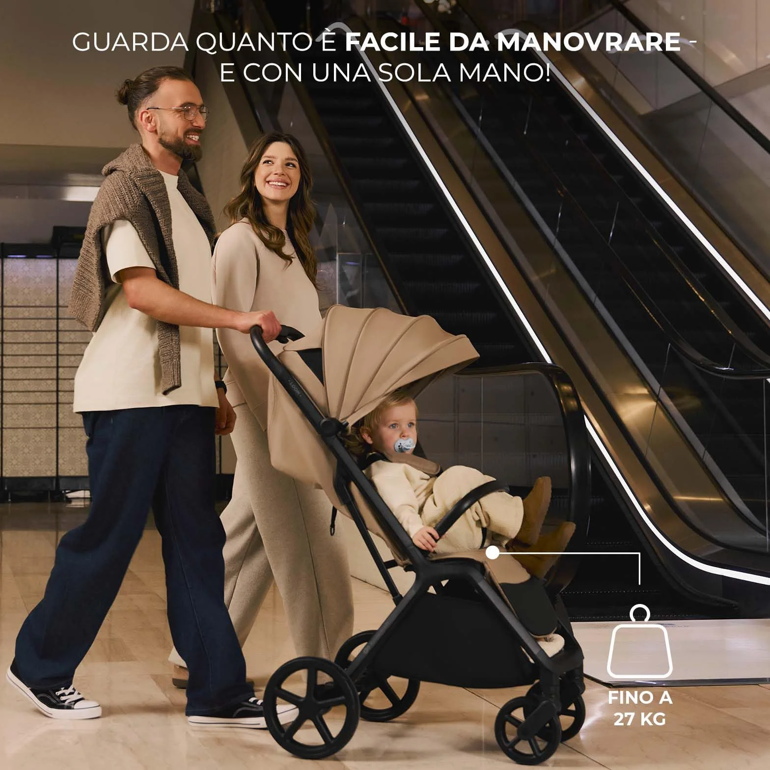 Kinderkraft LOOM Passeggino leggero 27kg, Chiusura una mano, cesto sotto, capottina estensibile, Barra sicurezza, Beige