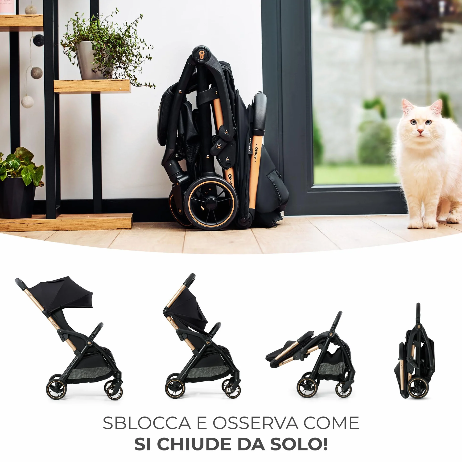 Kinderkraft APINO Passeggino Leggero 22 kg, 7,5 kg, Pieghevole Automatico, Nero