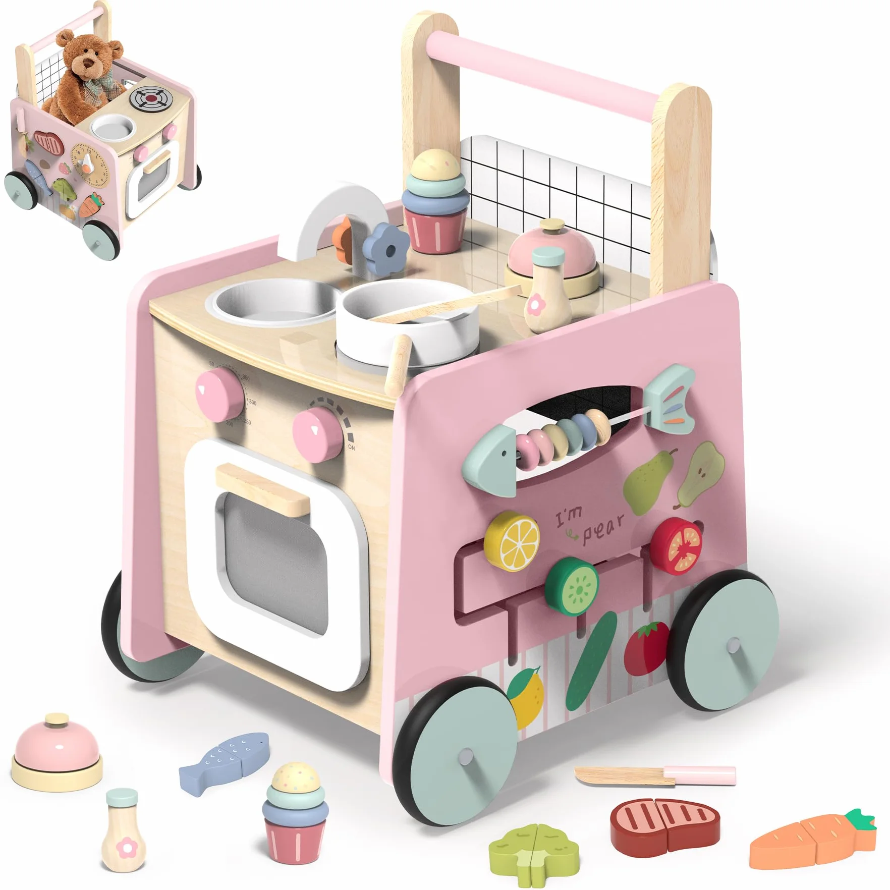 Girello Bambini Legno 9 in 1 Carrello Primi Passi con Giocattoli Montessori Cucina da Gioco, Regalo Natale