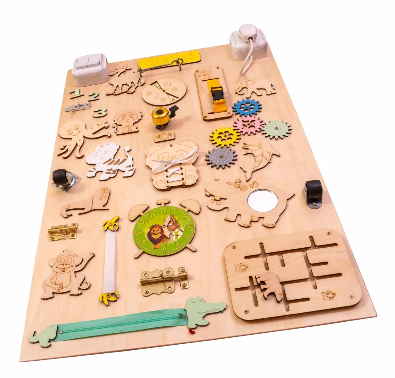Leo - Quadro di attività sensoriale Montessori Busy Board in legno autoportante double face naturale Zoo 75 cm