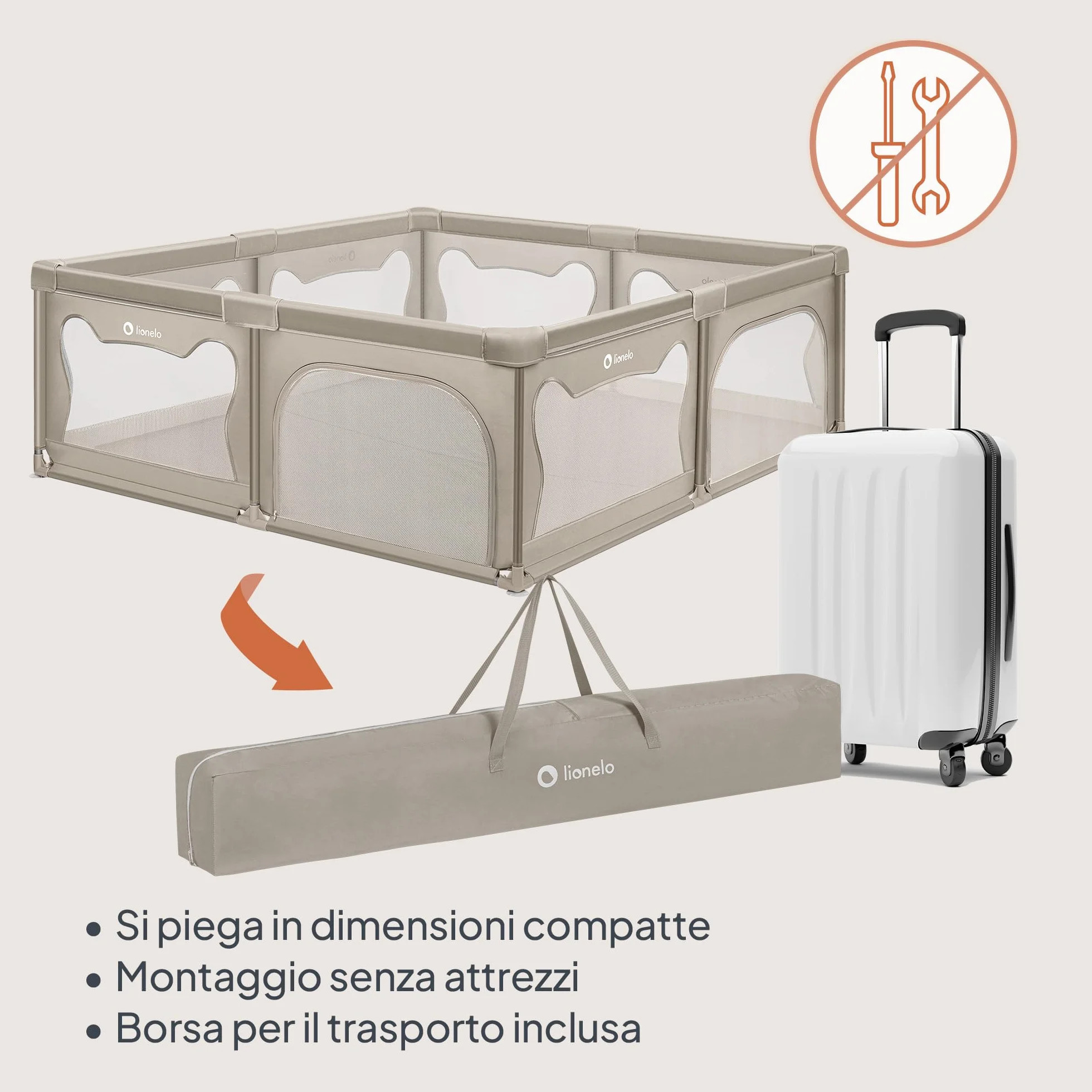 LIONELO WILLOW XL Box Pieghevole Per Bambini 0-48 Mesi Rete Traspirante 207x187 cm Beige