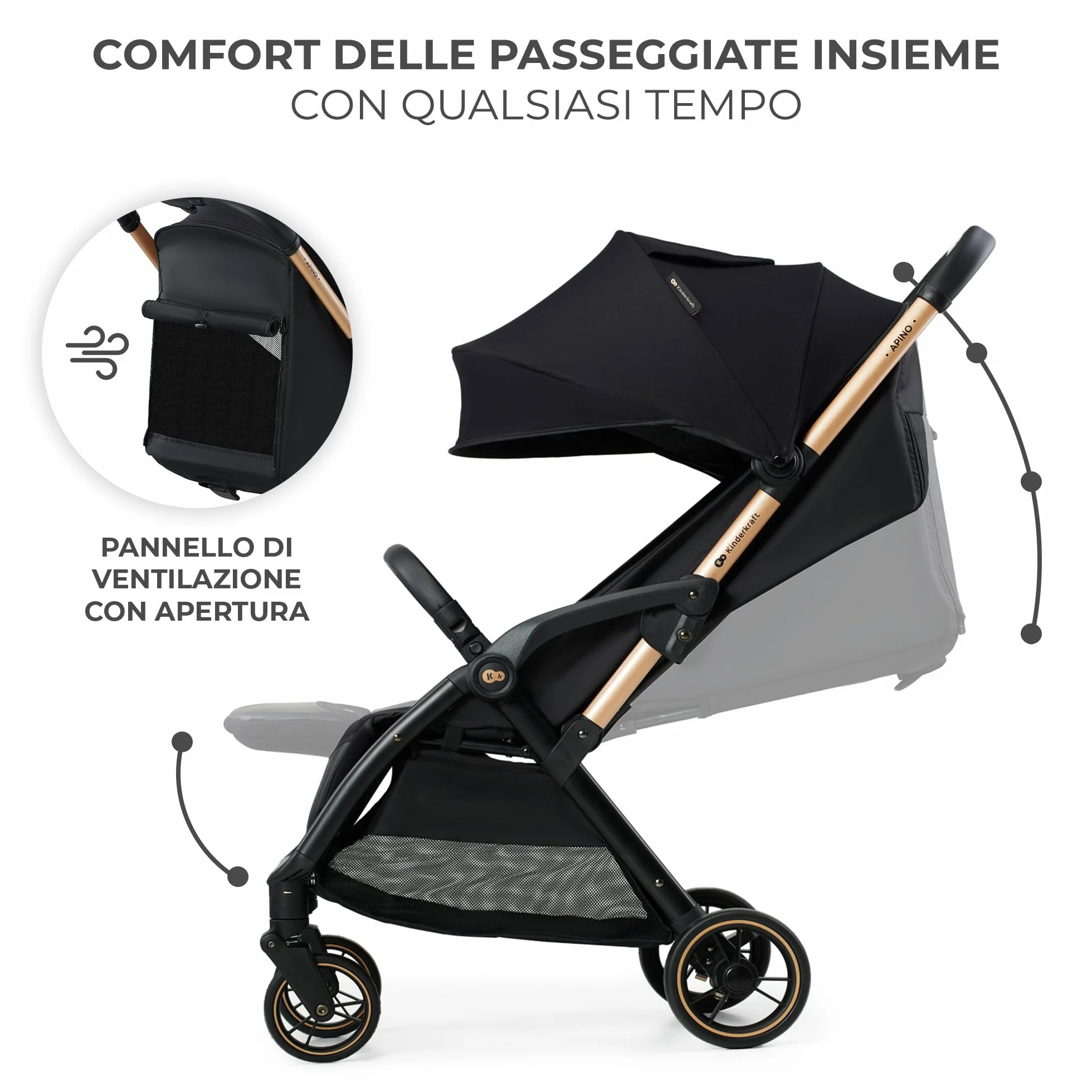 Kinderkraft APINO Passeggino Leggero 22 kg, 7,5 kg, Pieghevole Automatico, Nero