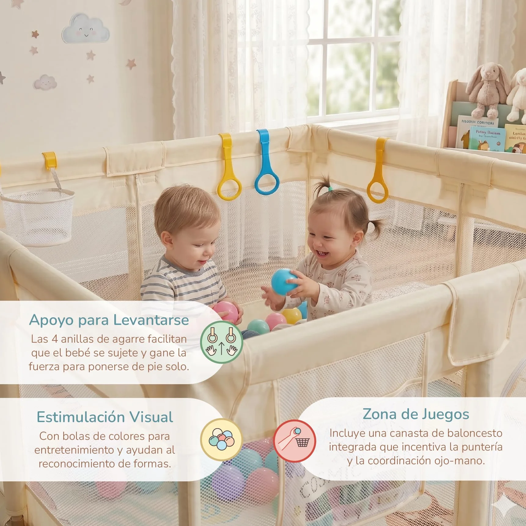 Buddy Baby Parco per bambini 120 x 120 cm pieghevole con rete traspirante e porta laterale vaniglia