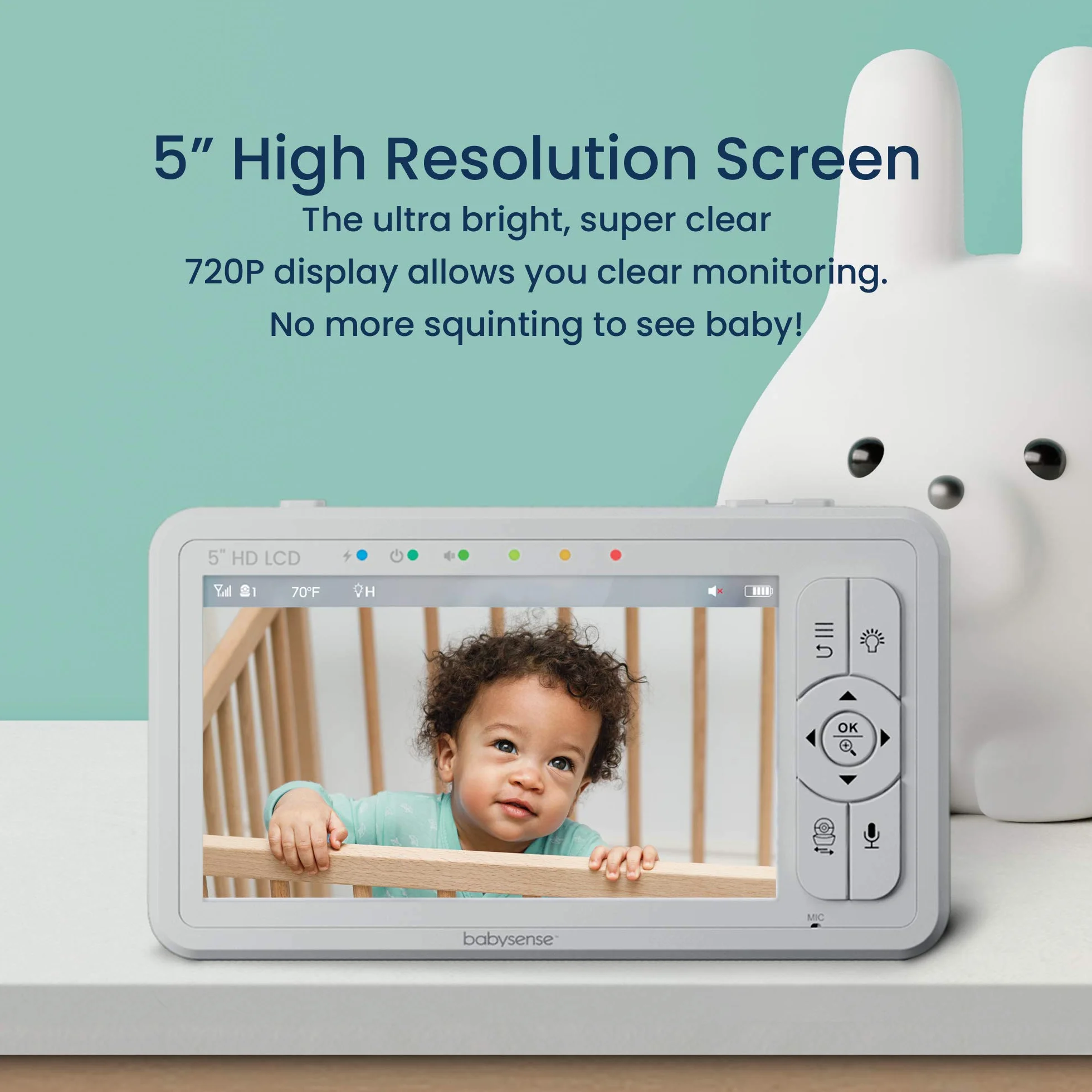 Babysense HDS2 - Monitor video per bambini con fotocamera e audio, baby phone 5" HD 720p, senza WiFi, luce notturna regolabile, portata estesa, audio bidirezionale, zoom 4X, visione notturna, batteria