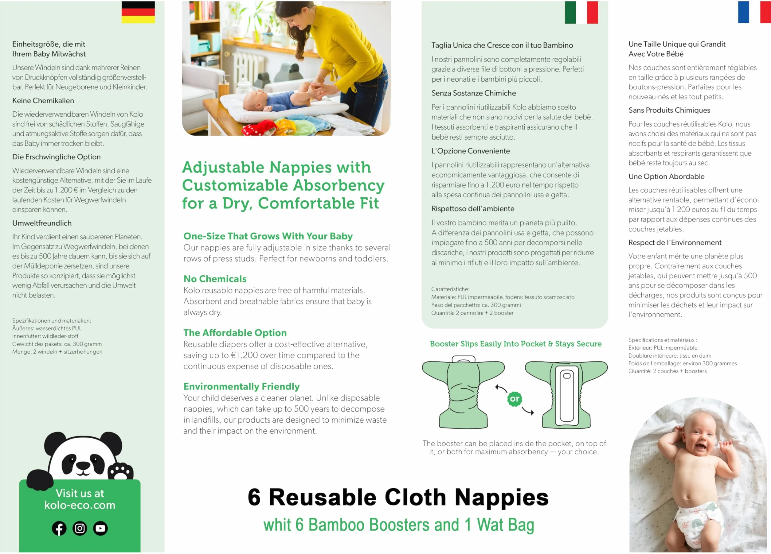 Set di 6 Pannolini Lavabili Riutilizzabili per Bambini e Neonati con Inserti in Bambù e Wetbag Oeko Tex Standard 100