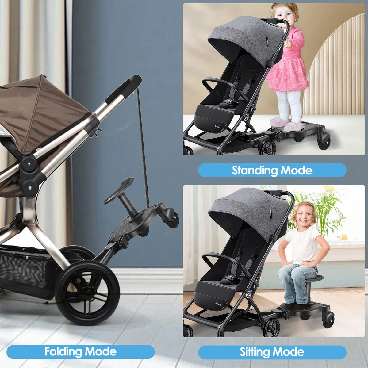 Pedana Passeggino Universale con Sedile, FNRIDS Tavolette Portatili per Passeggini, con cinghia di sospensione,Design Stabile a due Ruote, Accessori per Passeggini per Bambini da 2 a 6 anni (nero)