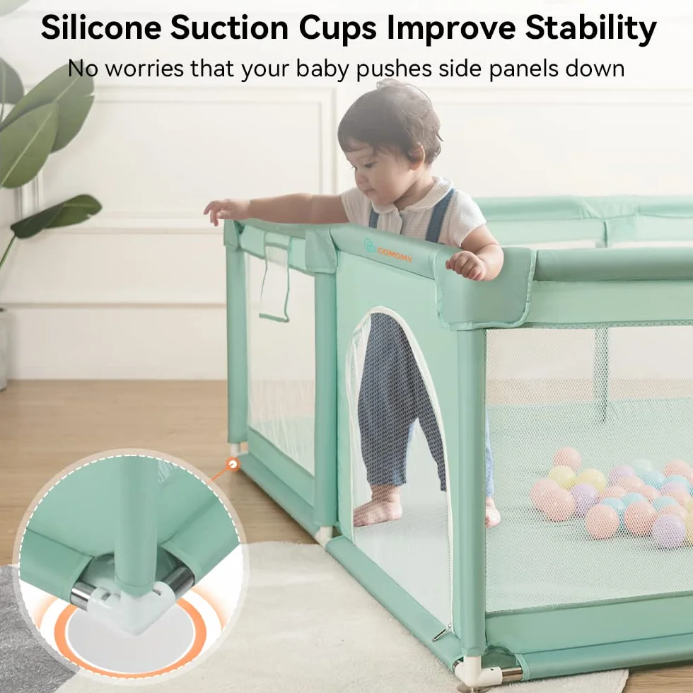 COMOMY Recinto Bambini Extra Large 180x200x66 cm con Palline, Mini Rattan e Anelli di Tiro, Rete Traspirante Verde