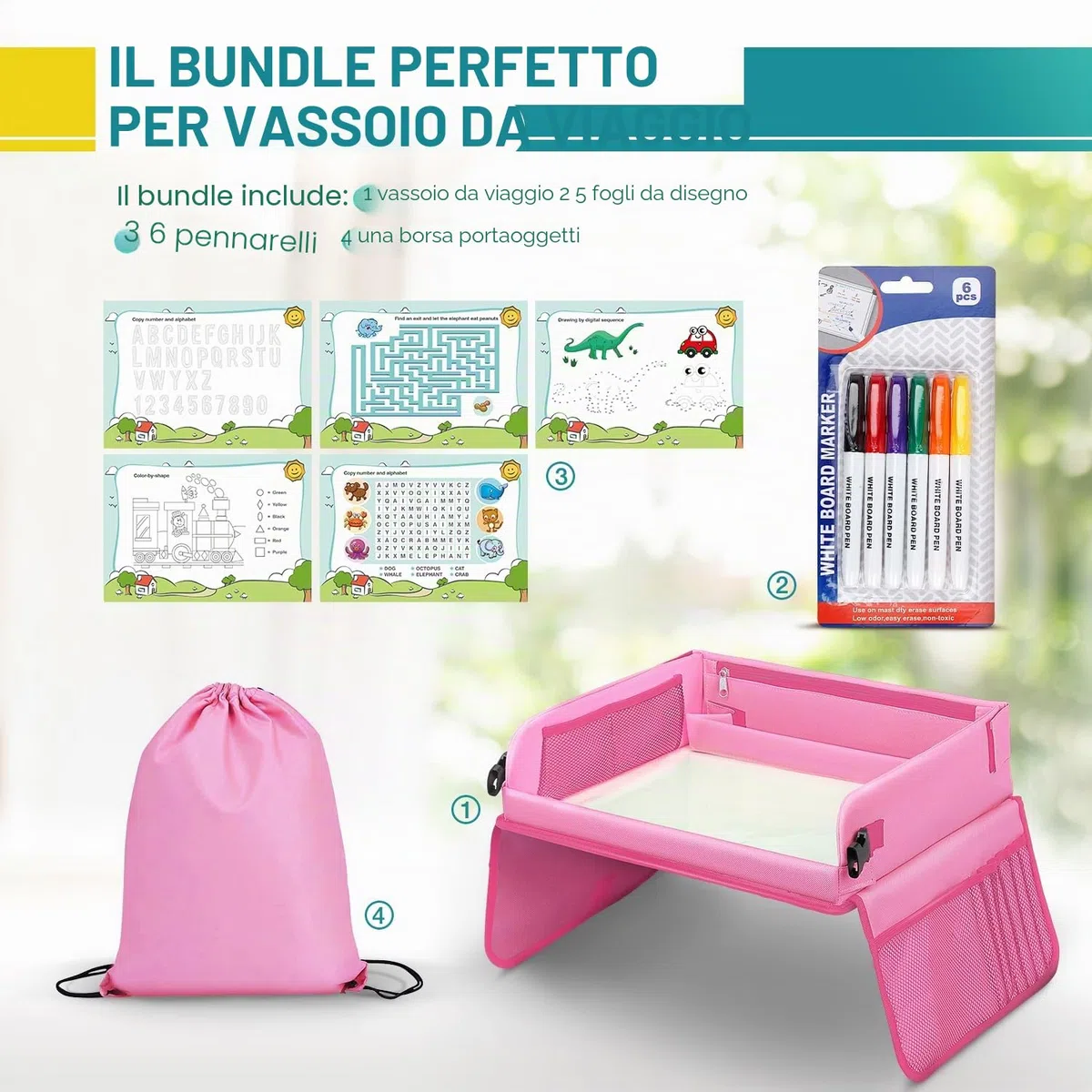 lenbest Vassoio da viaggio, Apprendimento al coperto Gioco educativo Gioco da tavolo con piano cancellabile a secco - 6 penne e 5 carte da disegno - Vassoio multifunzione per ragazze maschi (Rosa)