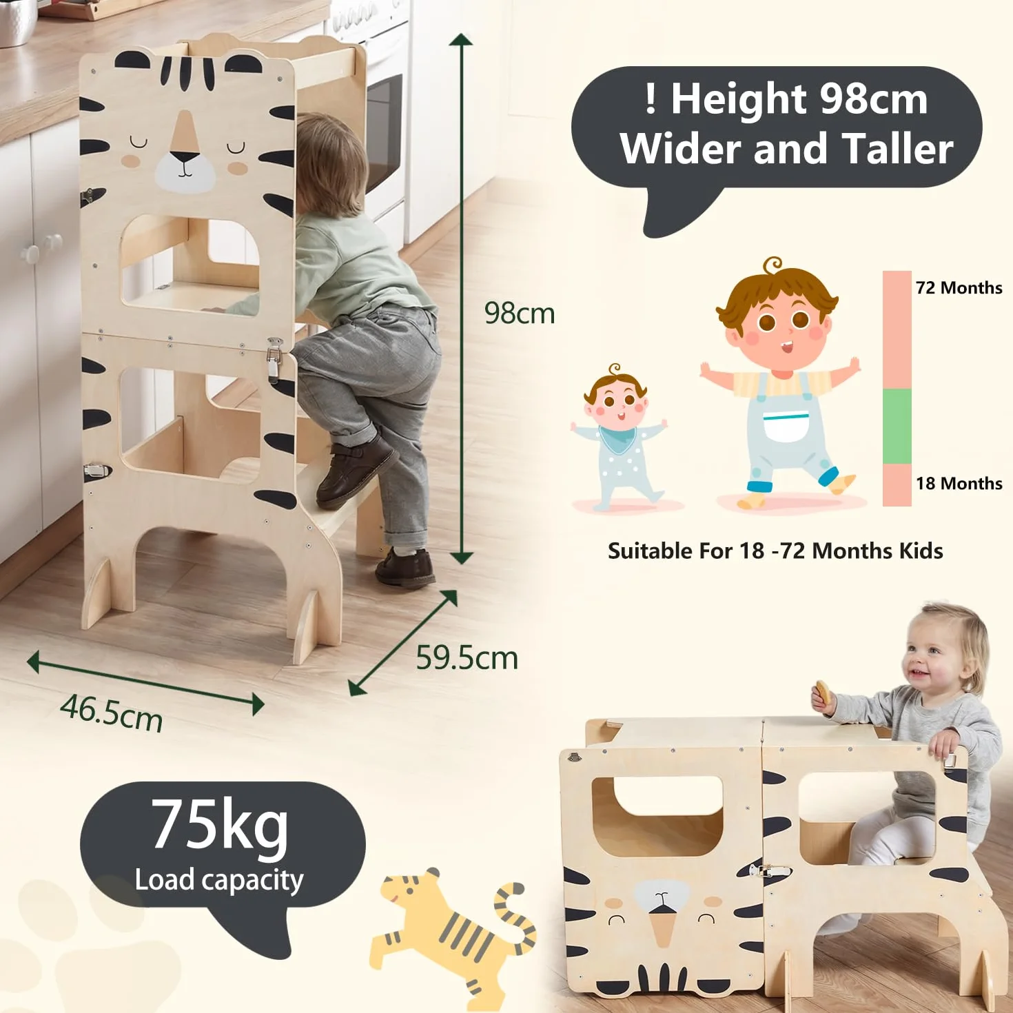 Labebe Torre Montessoriana Pieghevole in Legno 3 in 1 per Bambini con Lavagna