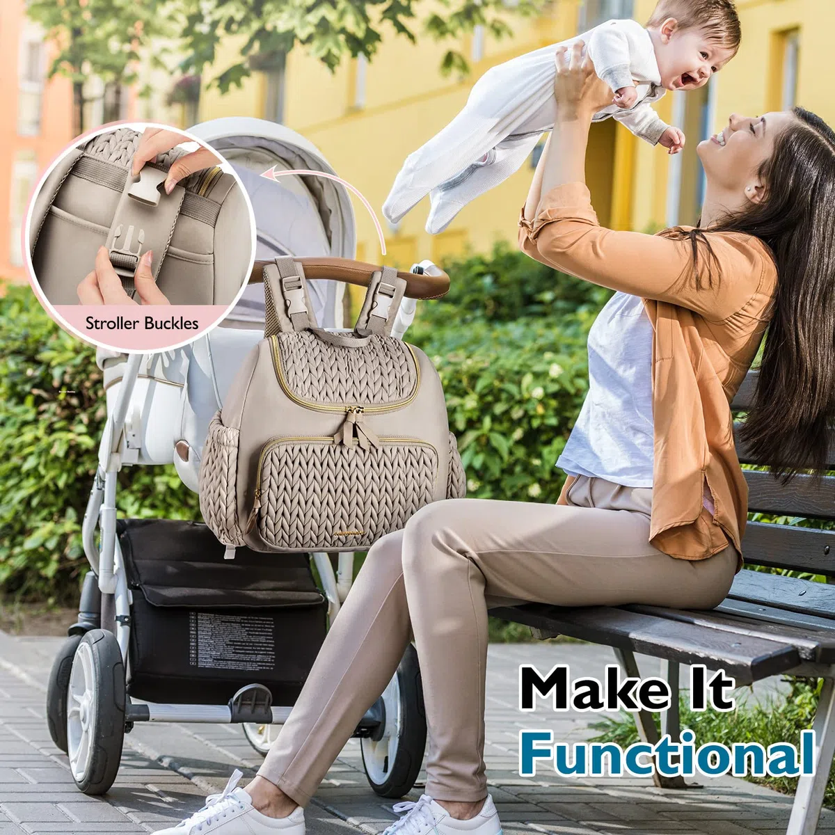 mommore Borsa fasciatoio, piccolo zaino fasciatoio, elegante zaino da viaggio per bambini, con scomparti isolati, fasciatoio e fissaggio per passeggino