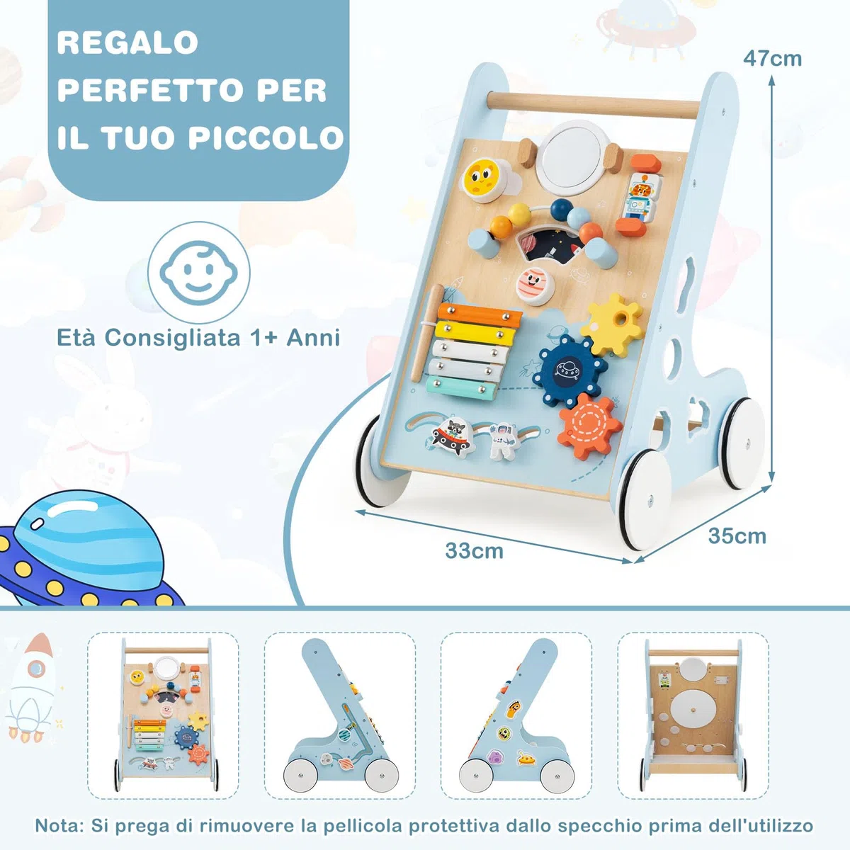COSTWAY Carrellino Primi Passi 8 in 1, Girello in Legno per Bambini, Giocattolo Montessori, Centro Attività di Apprendimento a Spinta, Giocattolo a Spinta per Bambini di 1+ Anni (Blu)