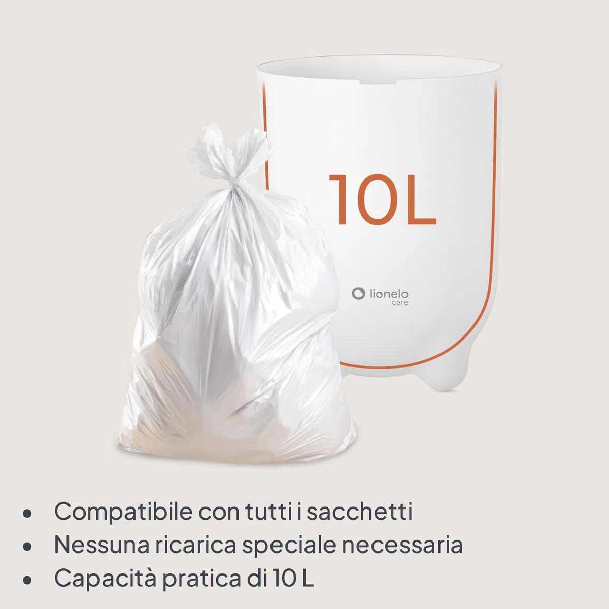 lionelo PUREBIN Mangiapannolini Universale che non lascia uscire gli odori, per sacchetti universali senza ricariche costose, bidone pannolini per neonati, uso con una mano, 10 l (Bianco)
