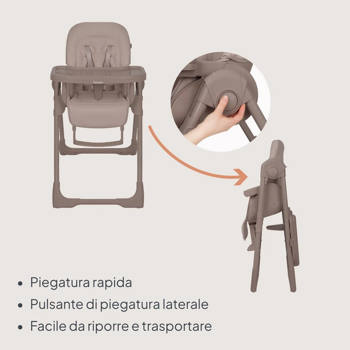 Lionelo Linn Plus Seggiolone Pappa Regolabile 2in1 Fino a 15 kg, Sedia con Funzione Sdraietta Dalla Nascita, Pieghevole, Ruote, Regolazione con una Mano, 6 Altezze, 3 Posizioni, Vassoio Lavastoviglie