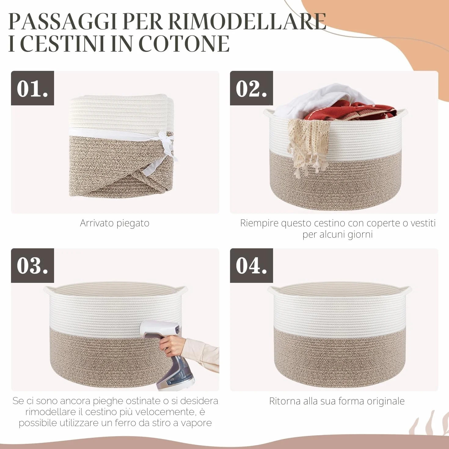 Maliton Cesto Portabiancheria Extra Grande 50x33 cm Bianco Marrone