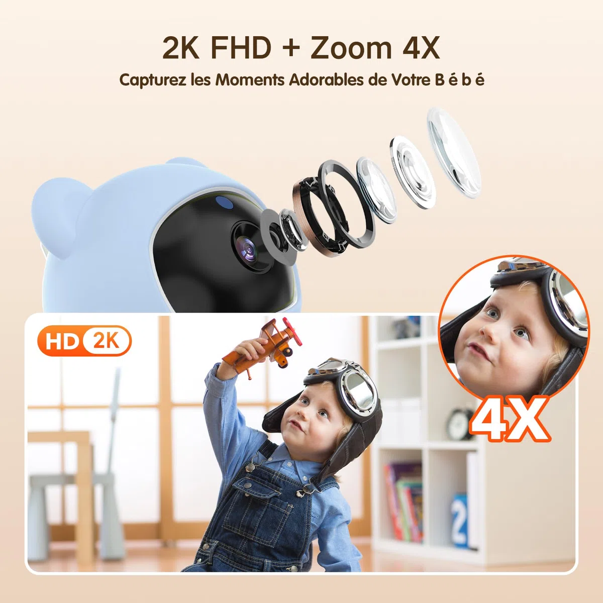 2K 5" Babyphone Camera con App Telefono, Rotazione a 360° Luce Notturna Colorata, Zoom 4X, Monitoraggio del Movimento, Monitoraggio Automatico, Area di Allarme Personalizzata